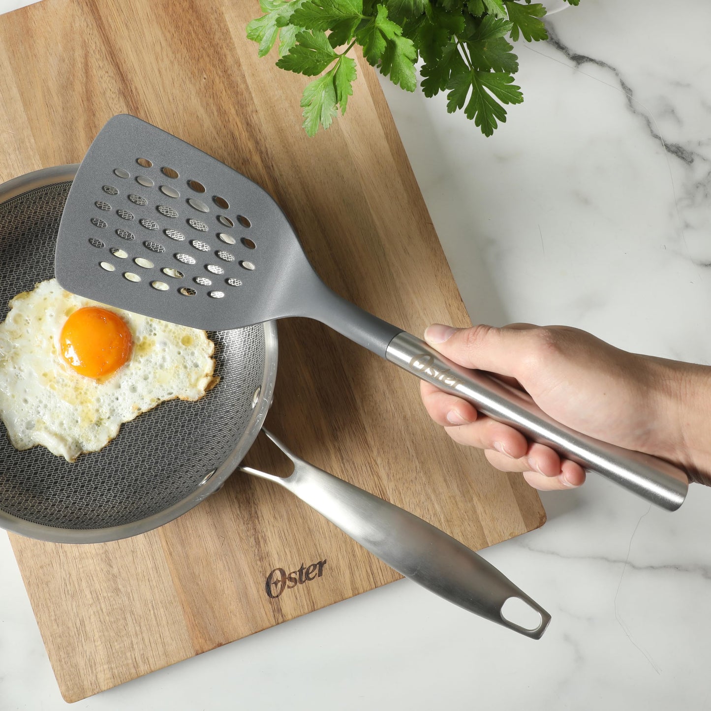 Oster Chadswyck 13” Slotted Turner Spatula, Heat Resistant Silicone Head, Stainless Steel Handle, Safe for Nonstick Cookware, Dishwasher Safe