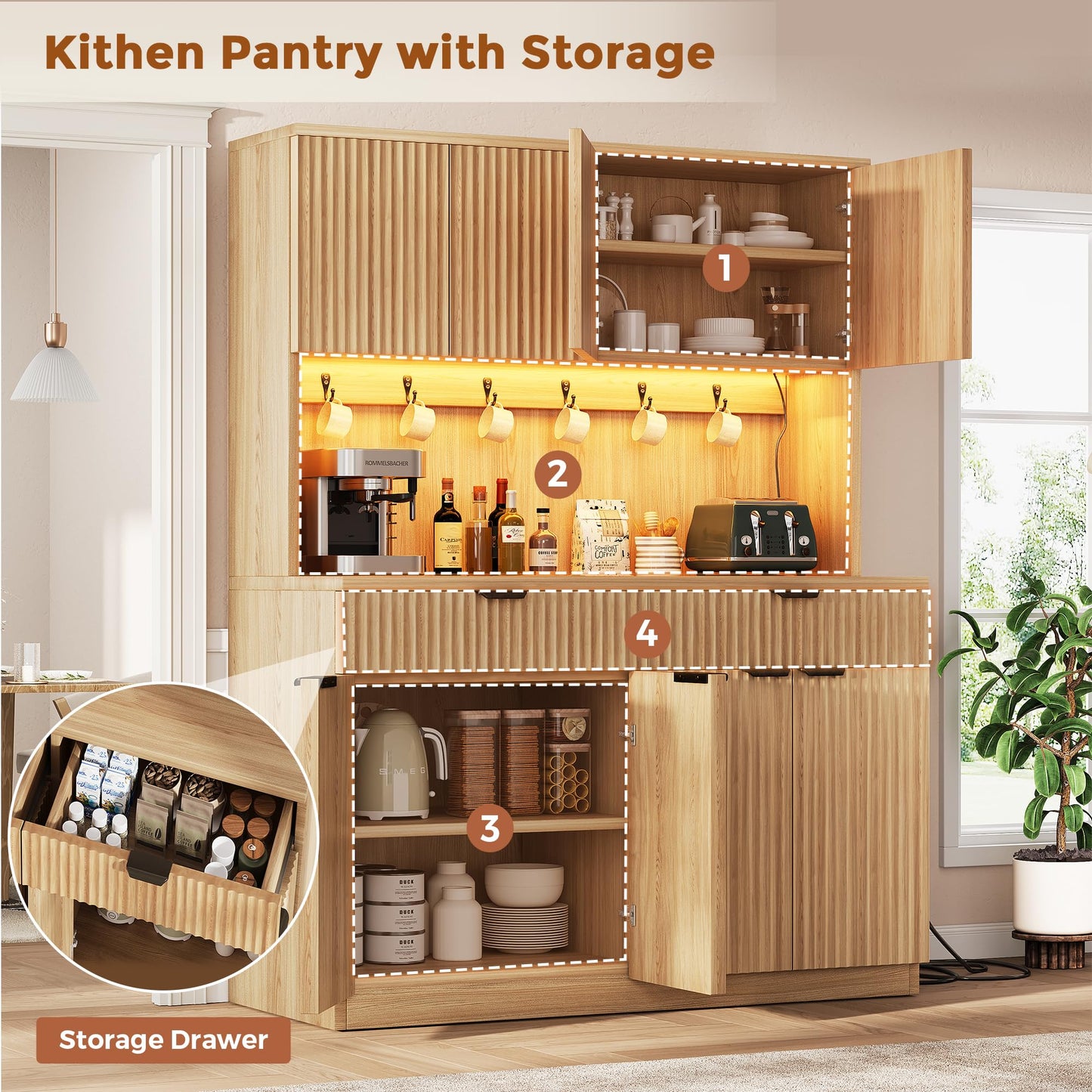 Jocoevol Fluted Kitchen Pantry Storage Cabinet with Charging Station/LED Light/Doors/Shelves, 71'' Tall Kitchen Food Hutch with Microwave Stand for Dining Room Living Room (Natural, 47 * 15.7 * 71)