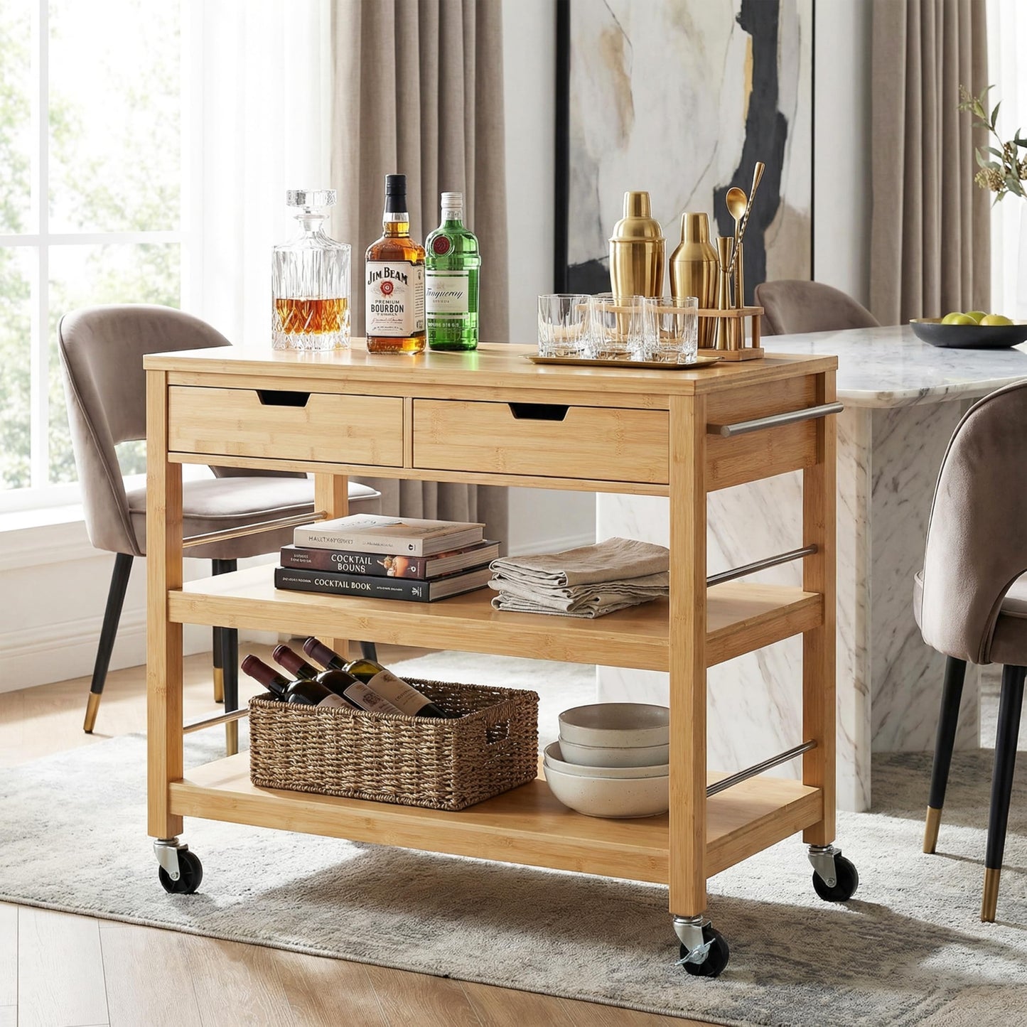 Merax Indoor Multifunctional Natural Bamboo Bar Cart with Locking Wheels, Drawers, and Open Shelves - Ideal for Kitchen, Dining, and Entertaining