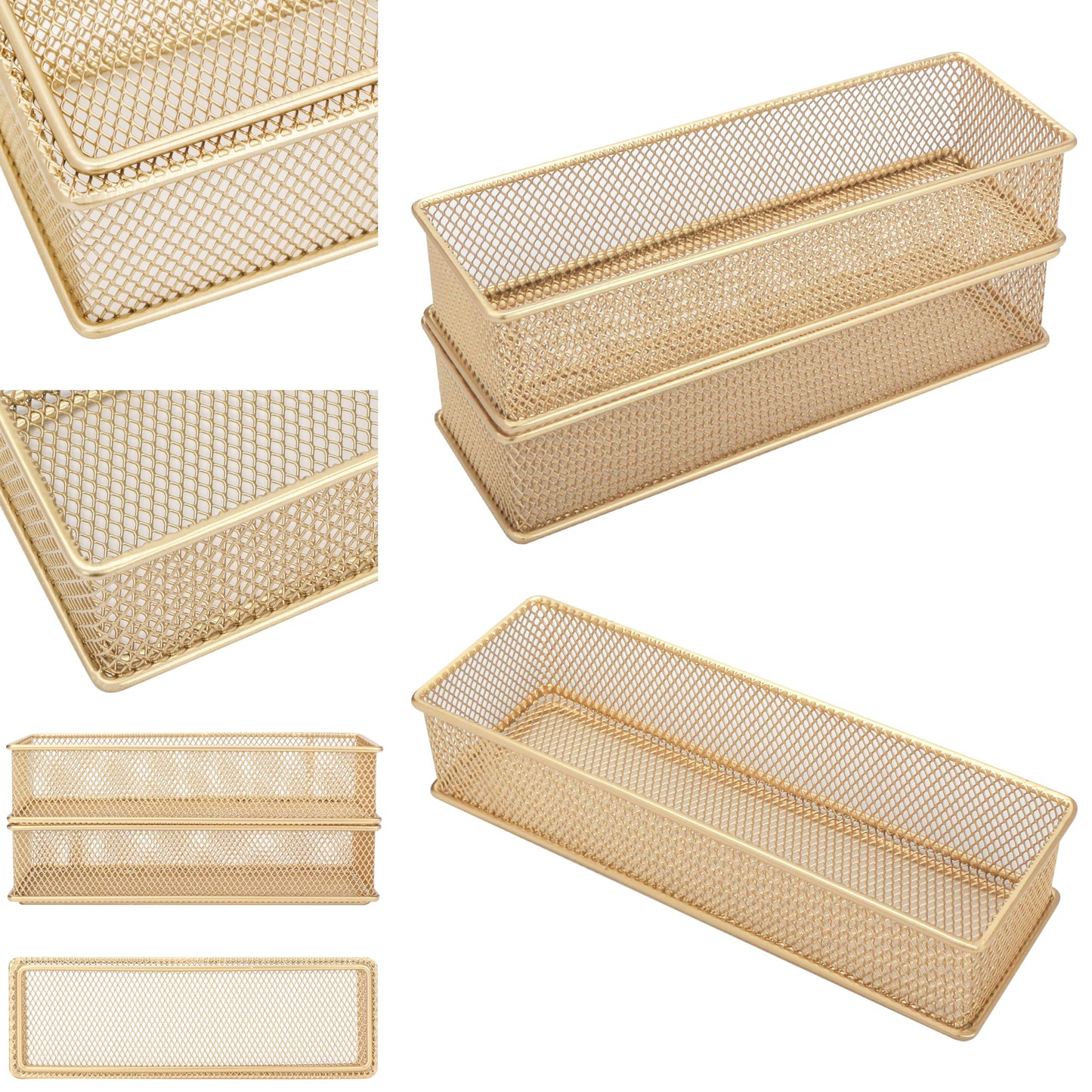 Annova Mesh Stackable Drawer Cabinet and Shelf Organizer Bins Storage Basket School Office Supply Holder Tray- Set of 2 (Gold, 3x9x2 Inch)