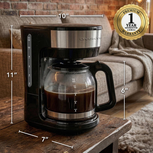 OVENTE 12-Cup Drip Coffee Maker with Borosilicate Glass Carafe, One-Touch Operation Machine, Anti-Drip System, Reusable Filter and Clear View Water Level Gauge, Ideal for Home or Office, Black CM412B