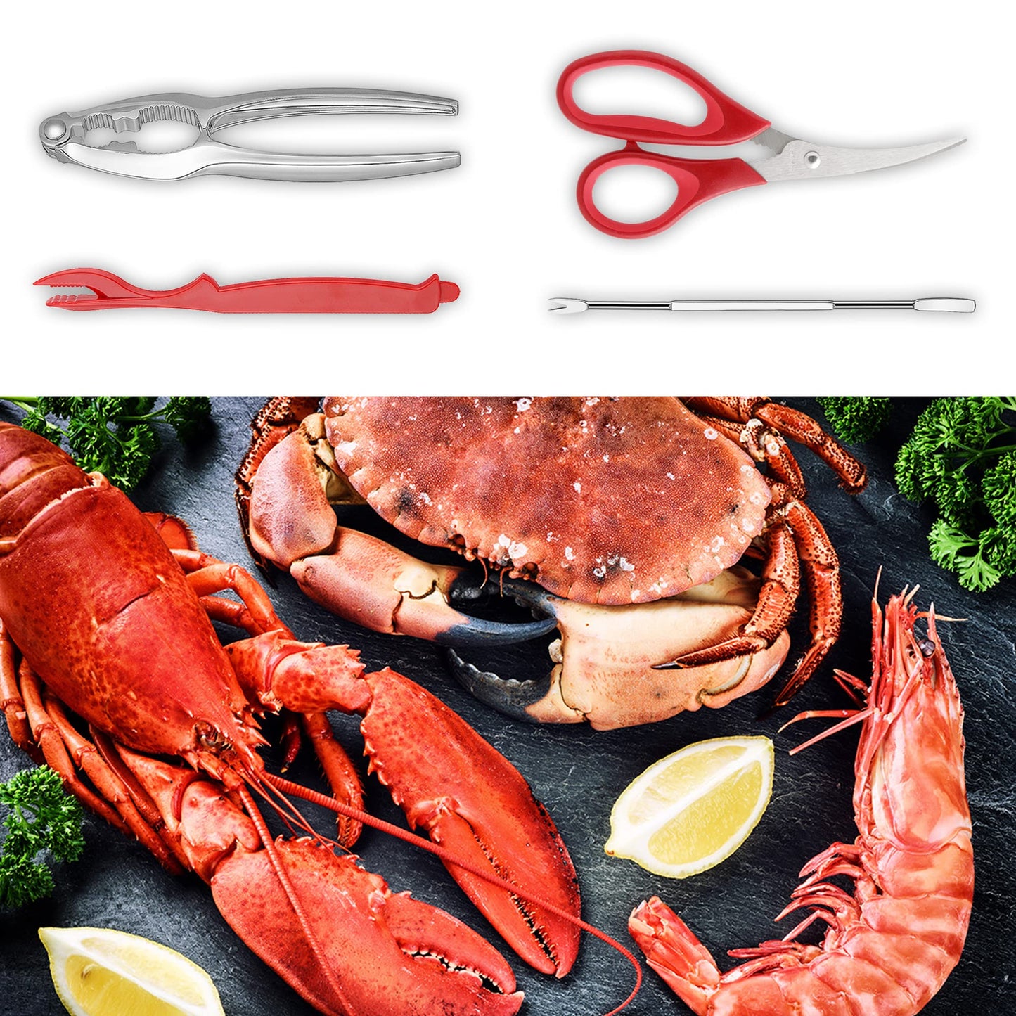 Crab Crackers and Tools, 27-piece Seafood Tools Set, Includes 8 Crab Leg Crackers, 8 Lobster Shellers, 8 Crab Leg Forks/Picks, 2 Seafood Scissors & Storage Bag, Nut Cracker Set