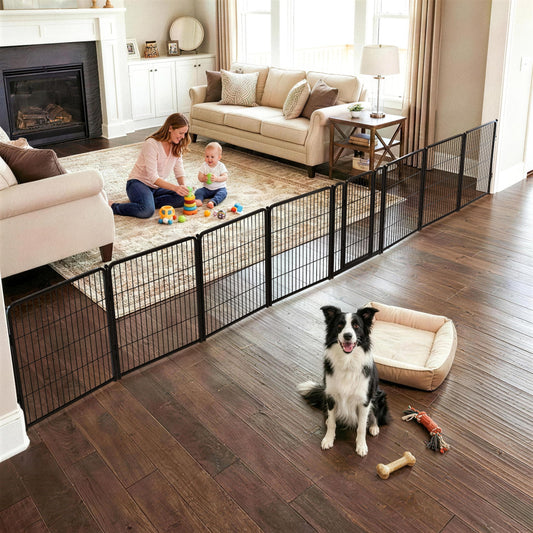 FXW Dog Gate Extra Wide Designed for Indoor Use, Adjustable Width Up to 219-inch Wide (32" H 8 Wire Panels for Small and Medium Dogs), Black