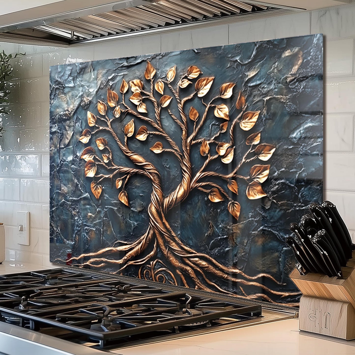 fzxwyishu Tempered Glass Backsplash for Kitchen,Stove Splashback Protector Tree of Life Design | Heat-Resistant Splash Board, Kitchen Wall Decoration (grey, 30"x16"(76.2x40.64cm))