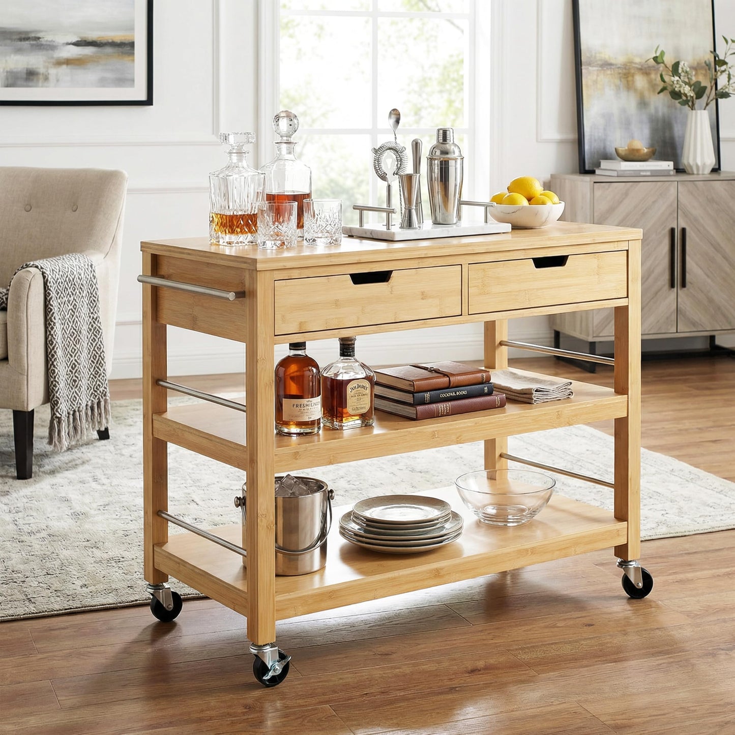 Merax Indoor Multifunctional Natural Bamboo Bar Cart with Locking Wheels, Drawers, and Open Shelves - Ideal for Kitchen, Dining, and Entertaining
