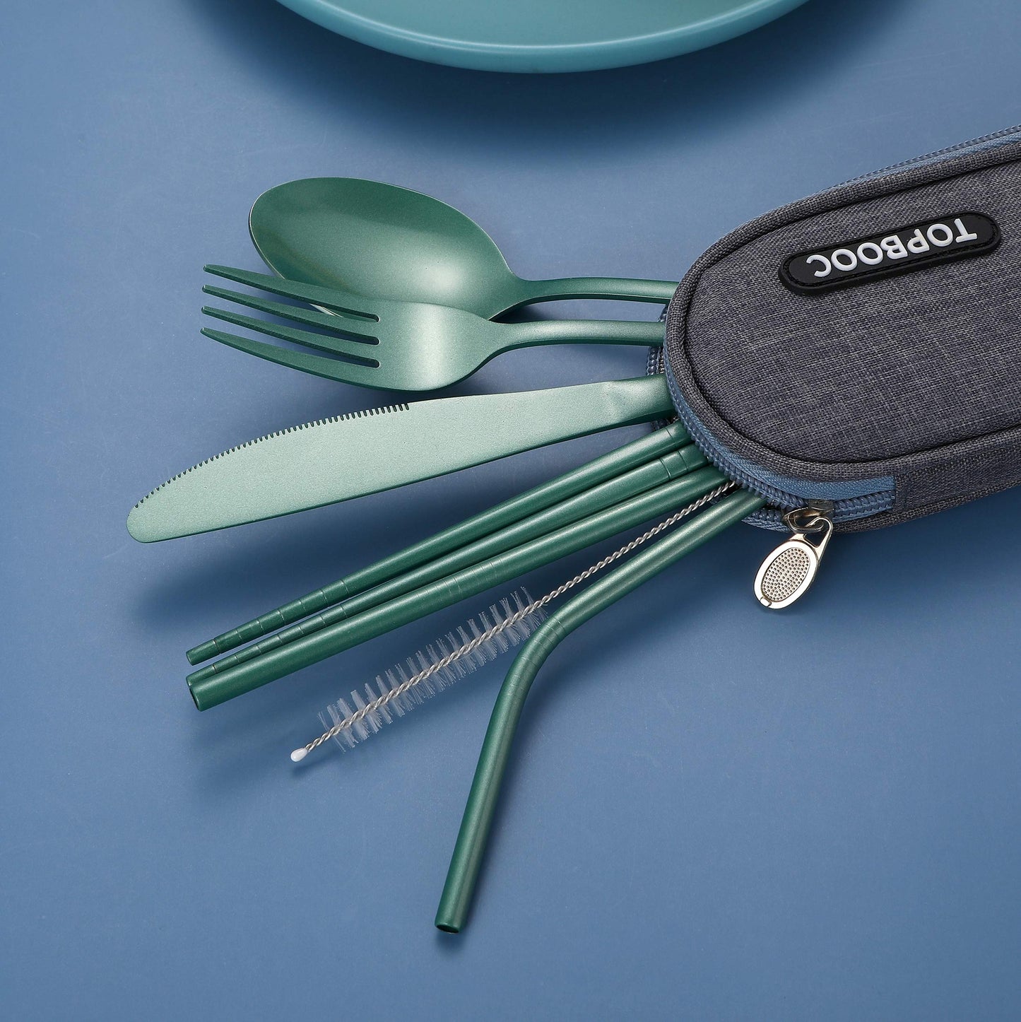 Portable Stainless Steel Flatware Set, Travel Camping Cutlery Set, Portable Utensil Travel Silverware Dinnerware Set with a Waterproof Case (Green)