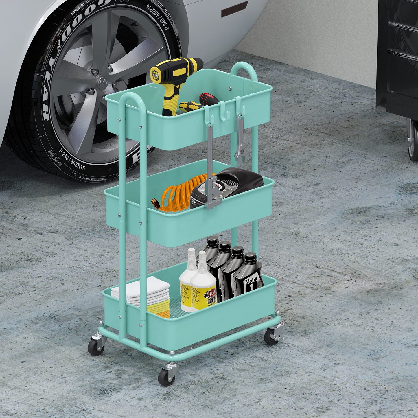Simple Houseware 3-Tier Heavy Duty Metal Utility Rolling Cart, Turquoise