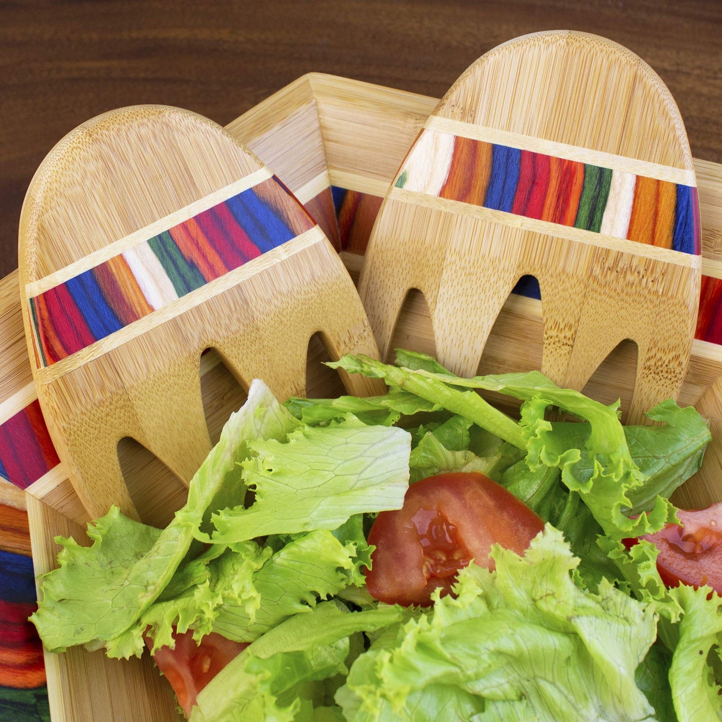 Totally Bamboo Baltique Marrakesh Collection Salad Hands Serving Utensils, Bamboo and Colored Birch Wood