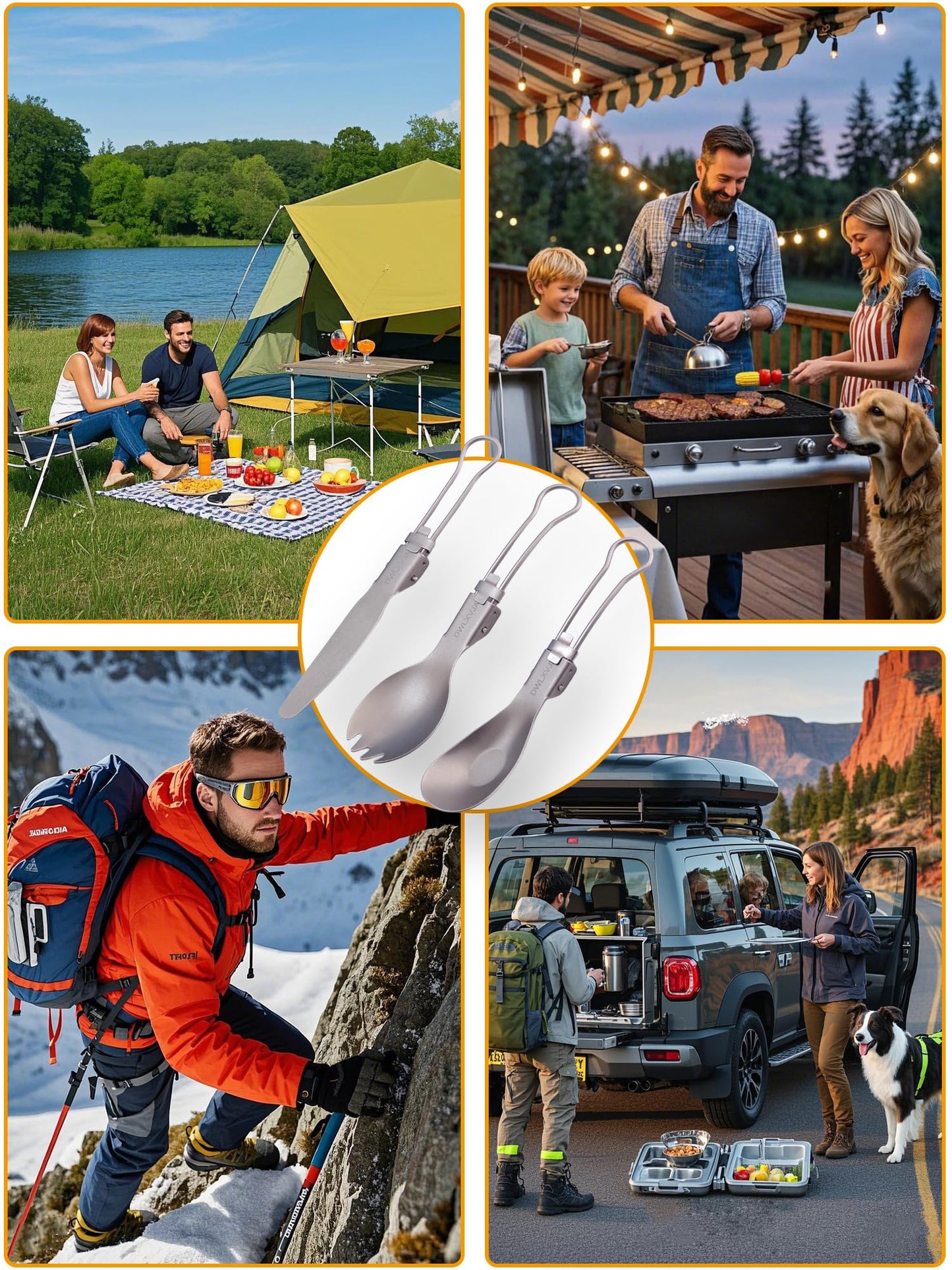 DWLXVJA Titanium Camping Utensils Set, 3-Piece Foldable Spork Spoon Knife with Case, 0.15lb Lightweight Travel Flatware for Backpacking Outdoor Hiking Office Lunch, Reusable Eco-Friendly Gift