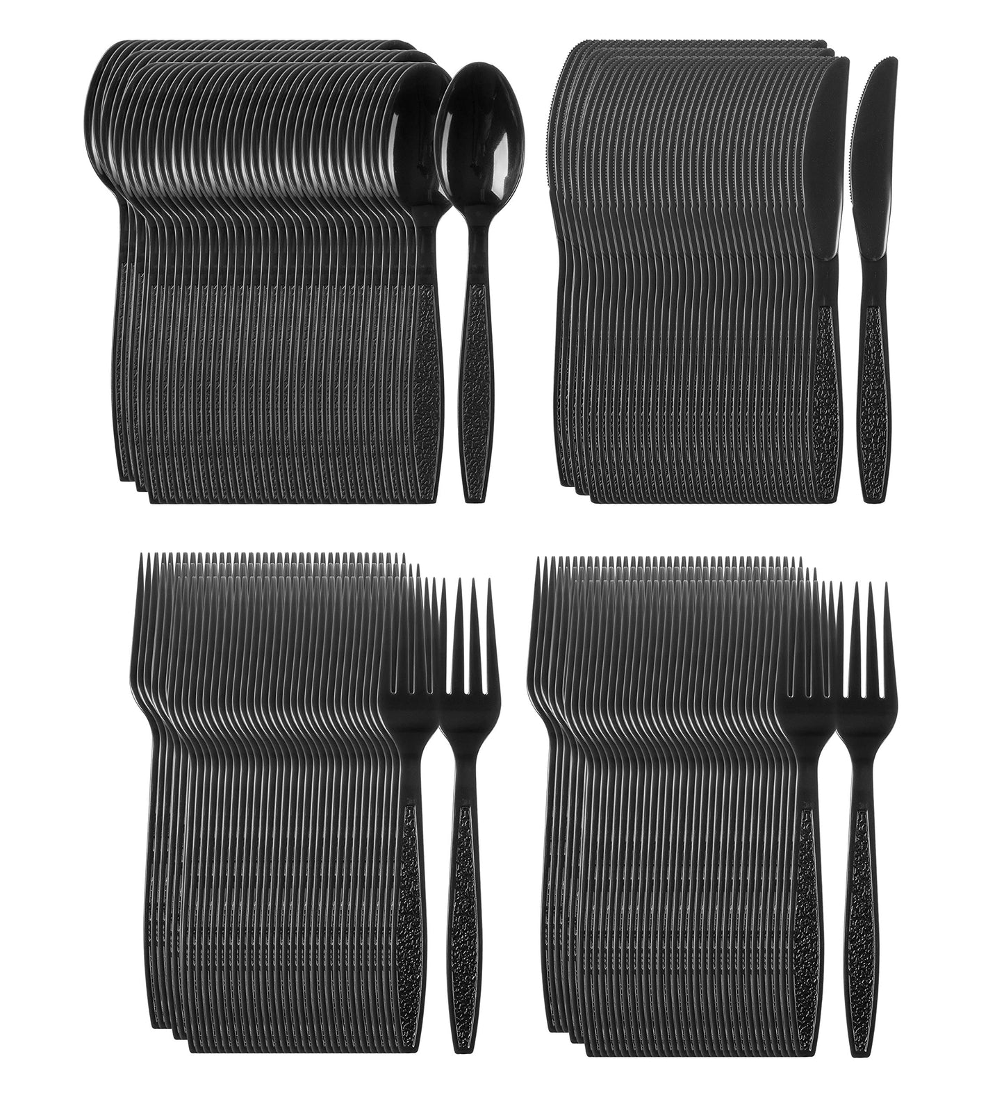 Heavy Weight Plastic Silverware Set - 200 Forks, 100 Knives, 100 Spoons - Disposable Cutlery Combo (Black)
