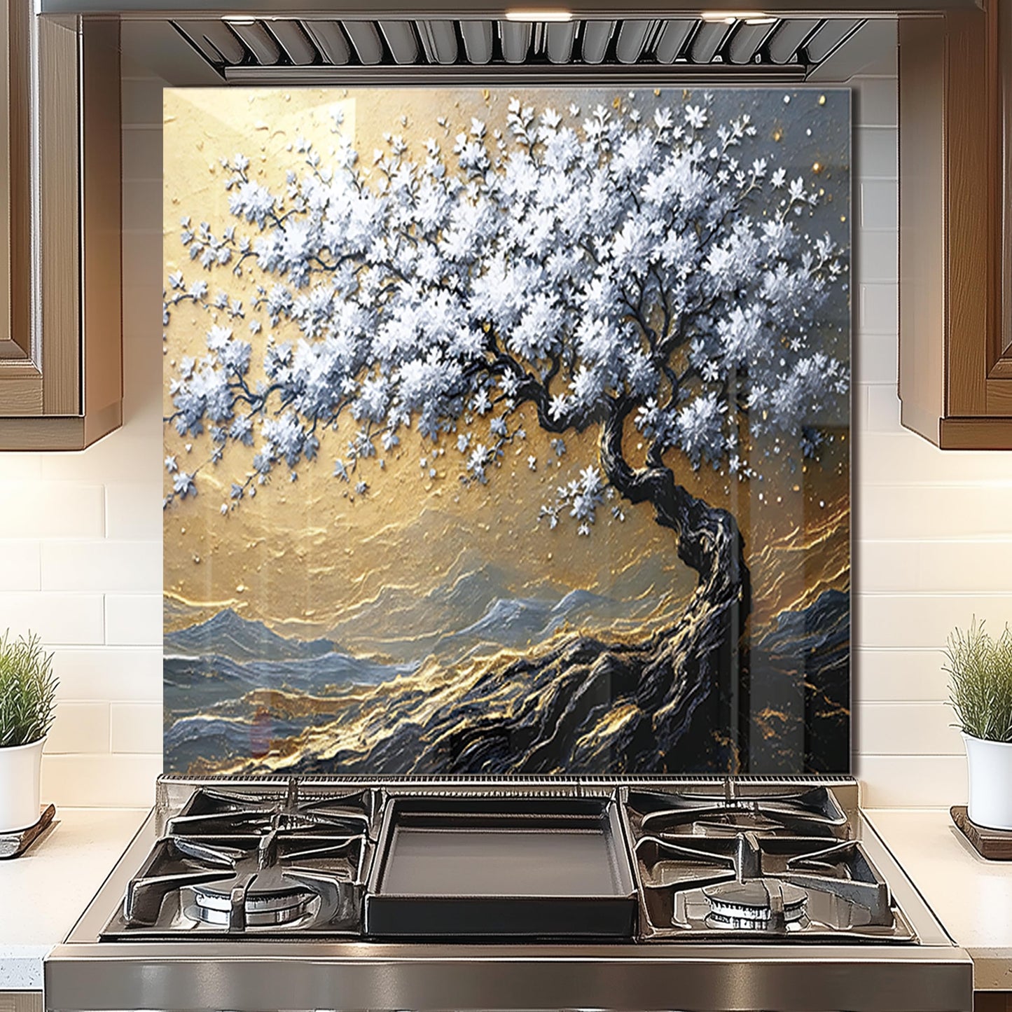 DAIFURONGE Tempered Glass Backsplash for Kitchen, Tree of Life Art Stove Backsplash Protector - Easy to Clean Wall Decor (Art Deco 4, 30"x30"(76.2x76.2cm))
