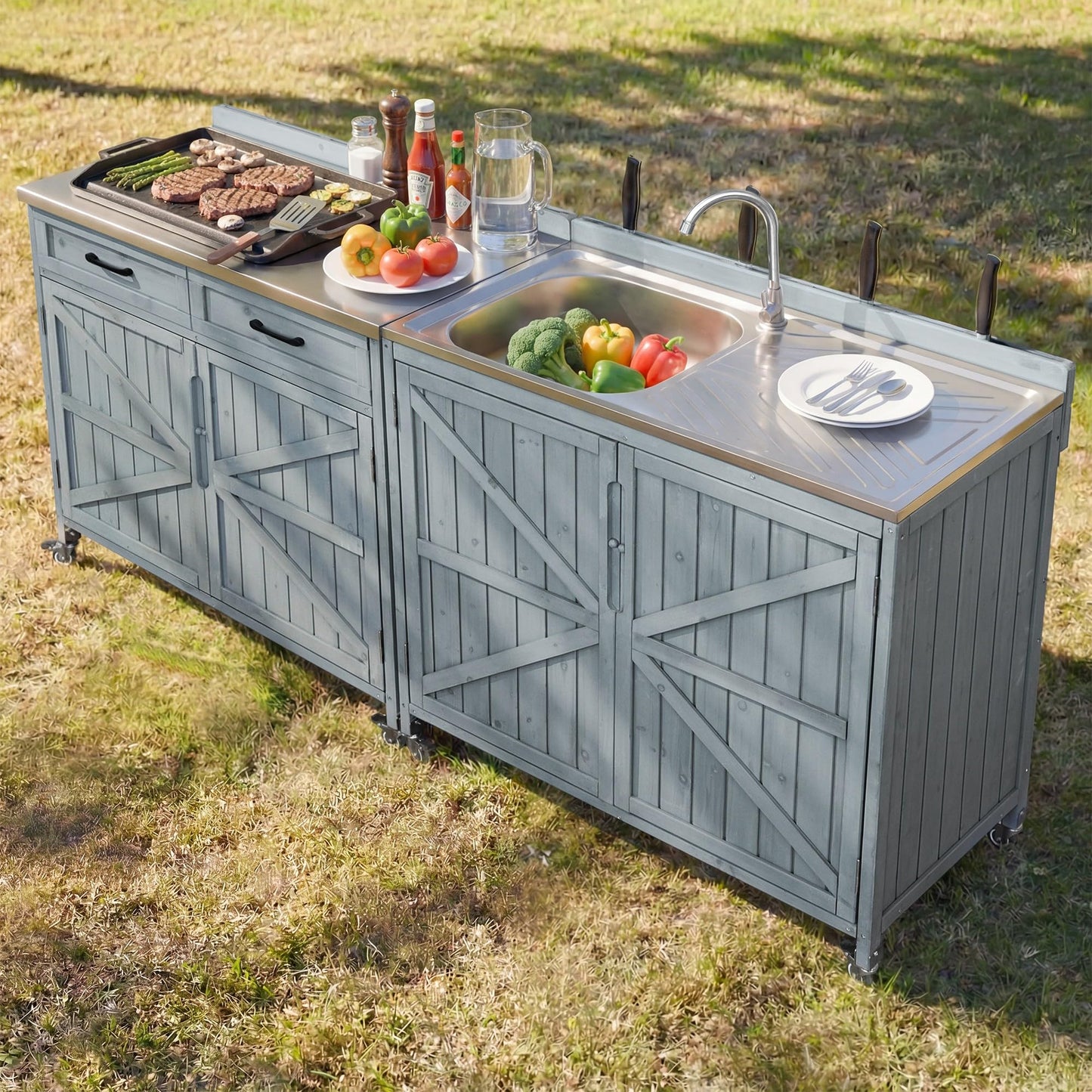 Merax 2 Piece Modular Outdoor Kitchen Series- Kitchen Grill Cart w/Stainless Steel Sink, Wood Rolling BBQ Prep Table w/Stainless Steel Top, Lockable Wheels for Patio & Outdoor Cooking, Grey Blue