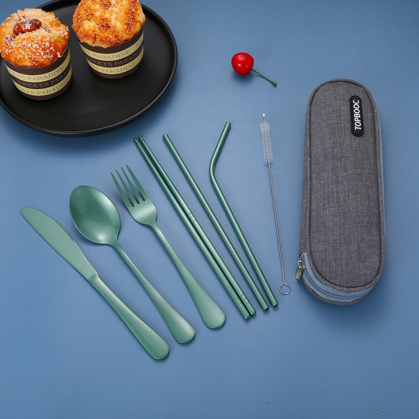 Portable Stainless Steel Flatware Set, Travel Camping Cutlery Set, Portable Utensil Travel Silverware Dinnerware Set with a Waterproof Case (Green)