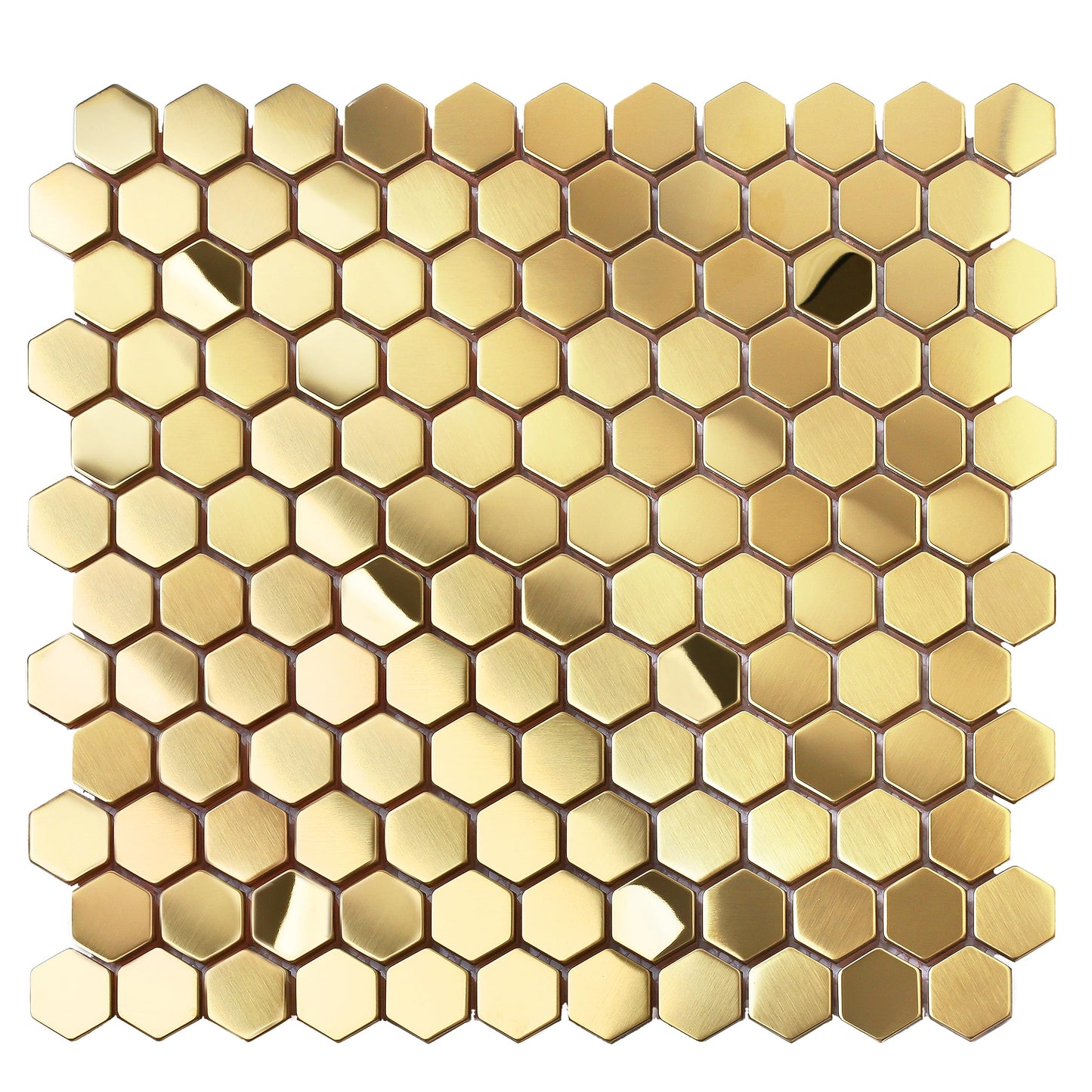Primoon Hexagon Gold Backsplash Tile, Mosaic Sheets 12''x12'' Mesh Mounted Golden 1 Inch, Brushed Shiny Gold Tiles for Kitchen Bathroom Shower Wall Floor Accent Tile Hotel Lobby Décor【5 Sheets】