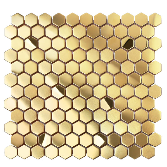 Primoon Hexagon Gold Backsplash Tile, Mosaic Sheets 12''x12'' Mesh Mounted Golden 1 Inch, Brushed Shiny Gold Tiles for Kitchen Bathroom Shower Wall Floor Accent Tile Hotel Lobby Décor【5 Sheets】