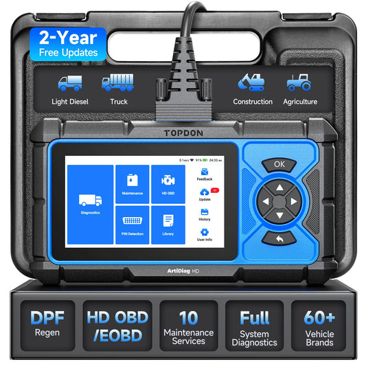TOPDON ArtiDiag HD Heavy Duty Truck Scanner, Diesel Diagnostic Tool, Full System Truck Scanner for Cummins Detroit MaxxForce, 10 Reset Service, DPF Regen, Speed Limit Adjust Reset, 2 Years Free Update