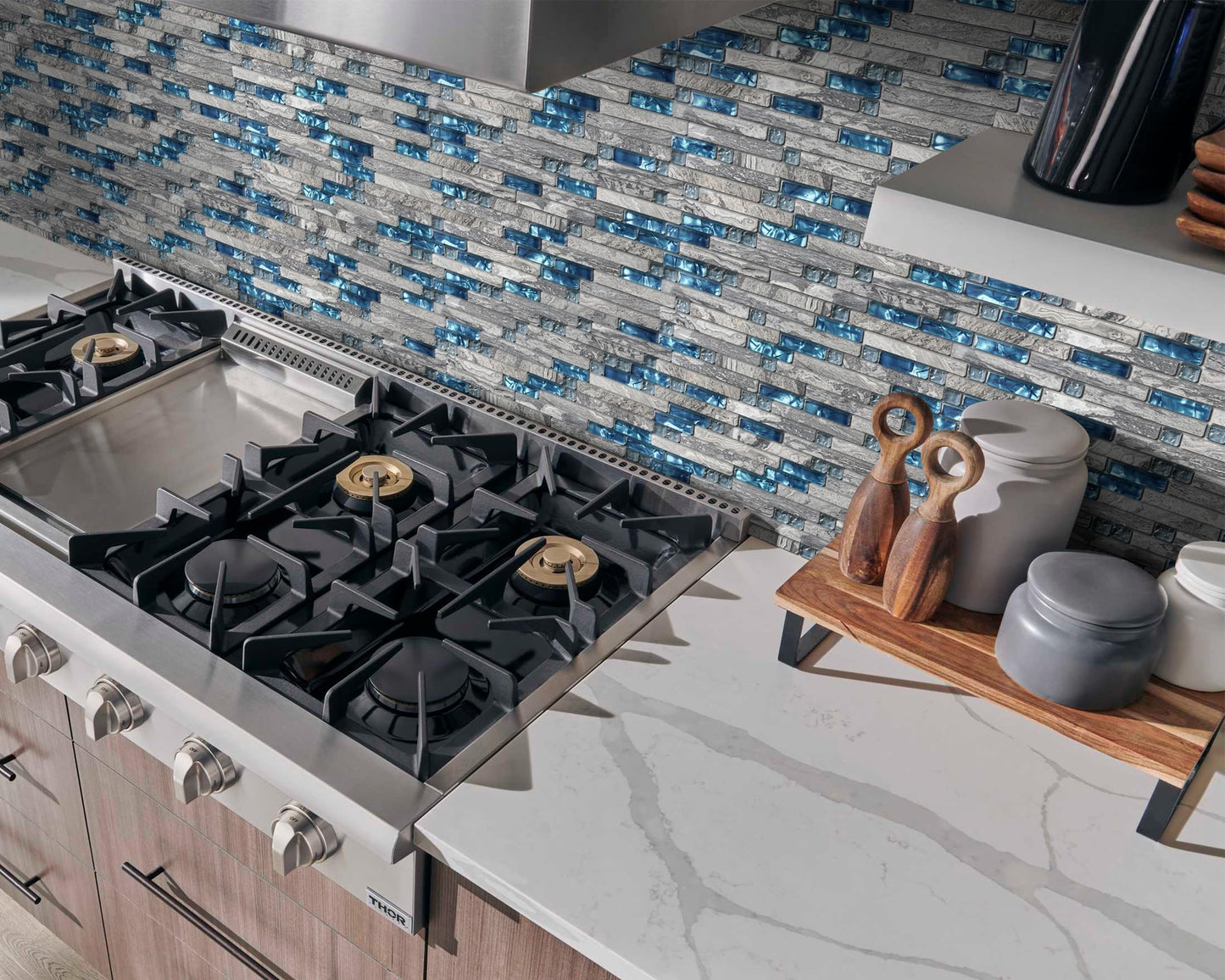 Blujellyfish Gray Marble Tile for Kitchen Backsplash 12 in. x 12 in. x 8 mm Teal Blue Glass Mosaic Bathroom Shower Wall Linear Tiles (Pack of 5 Sheets)