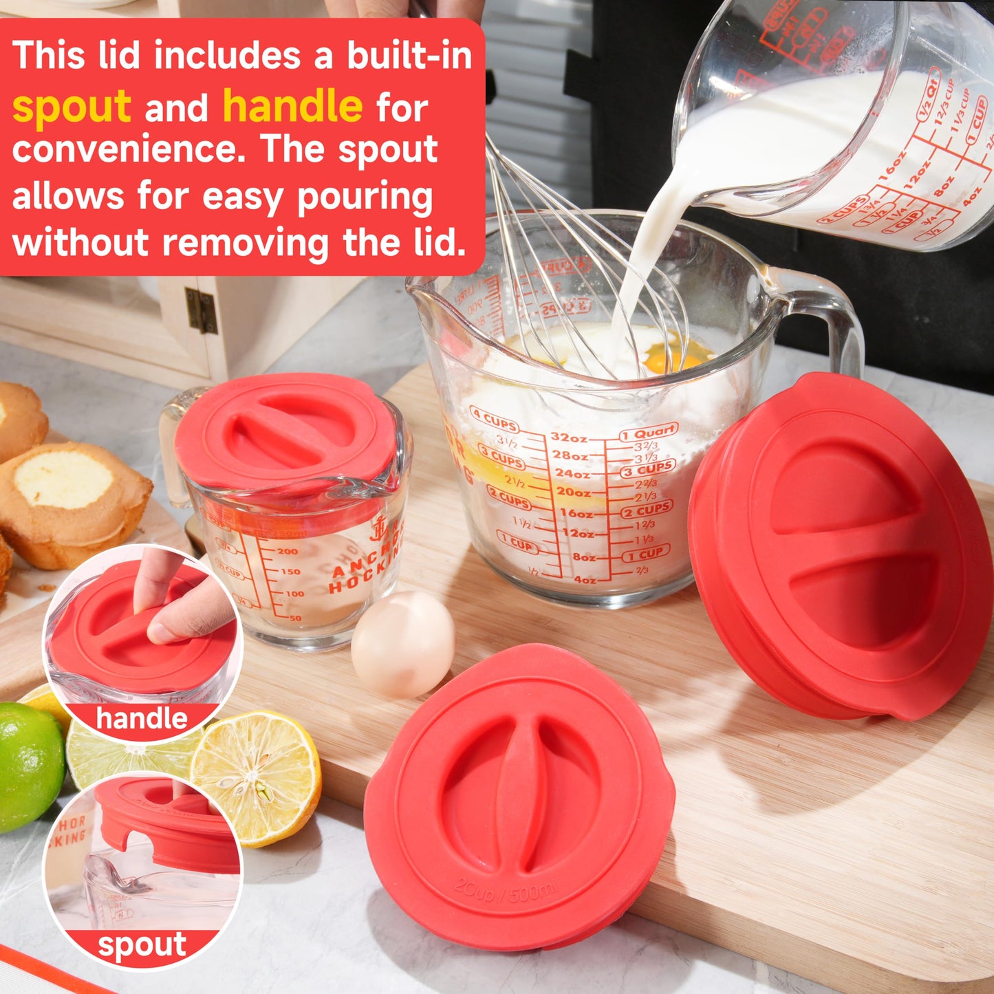 Silicone Replacement Lid Only Fit For Anchor Hocking 2-Cup/500 ML Glass Measuring Cup, Reusable & Durable, Dishwasher, Microwave Safe (Cup not Included)