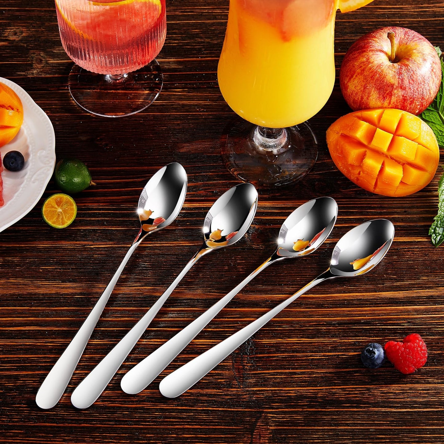 KEAWELL Premium 4-Piece Louise Long Handle Spoons, 18/10 Stainless Steel, Brilliant Mirror Finish, Ideal for Coffee, Cocktails, and Beverages, Dishwasher Safe (9 inch, 4)