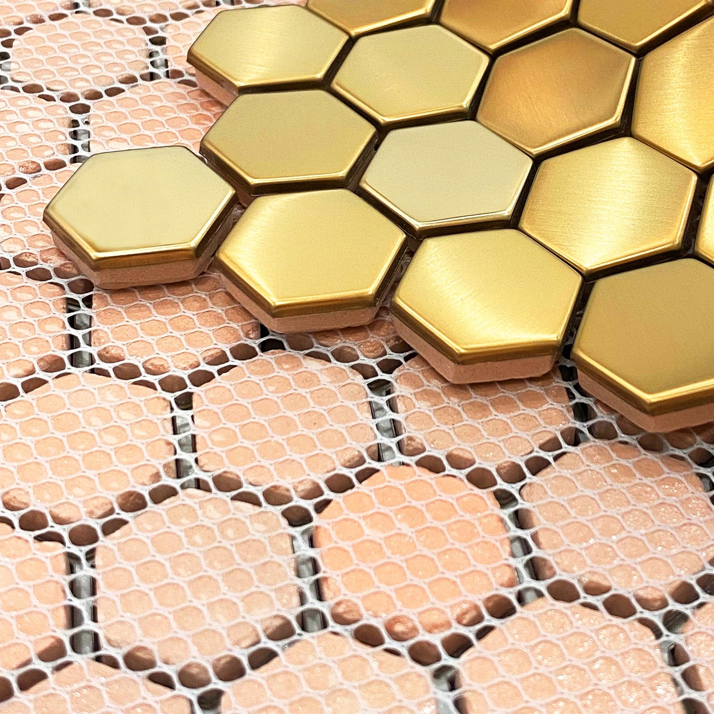 Blujellyfish Hexagon Gold Backsplash Tiles Metal Mosaic Tile Stainless Steel Brushed/Shiny Kitchen Bathroom Backsplash Shower Floor Wall Accent Tiles (5 Square Feet)