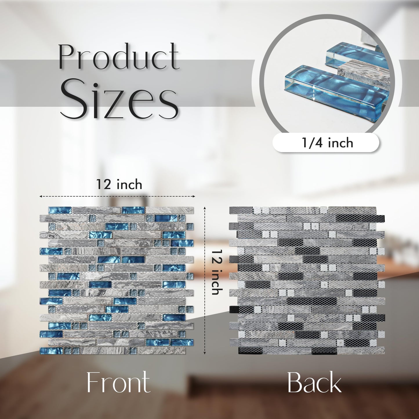 Blujellyfish Gray Marble Tile for Kitchen Backsplash 12 in. x 12 in. x 8 mm Teal Blue Glass Mosaic Bathroom Shower Wall Linear Tiles (Pack of 5 Sheets)