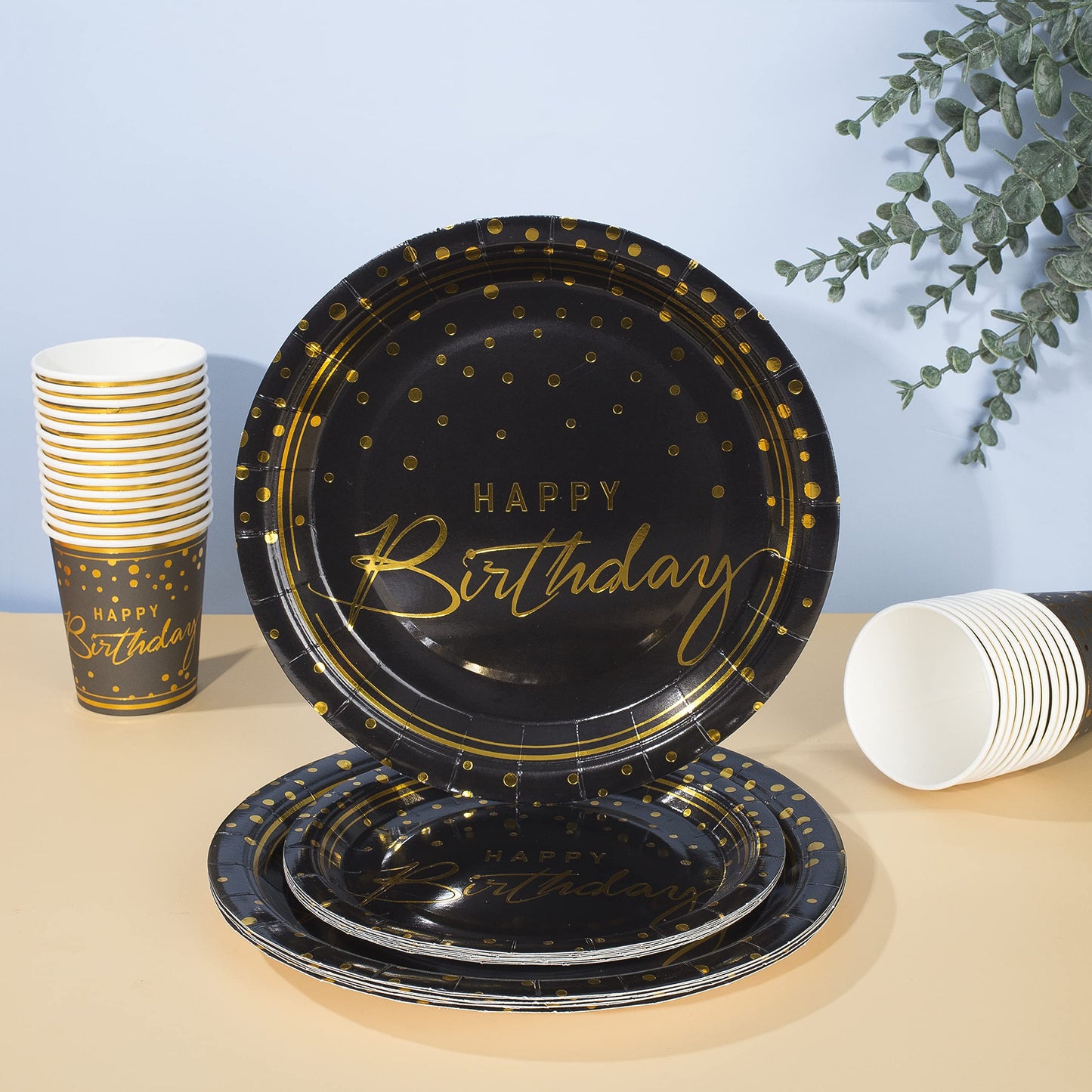 175PCS Happy Birthday Disposable Dinnerware Set Party Supplies, Paper Black Gold Plates and Napkins with Gold Plastic Forks Knives Spoons Serve 25 Guests for Birthday Party Decoration