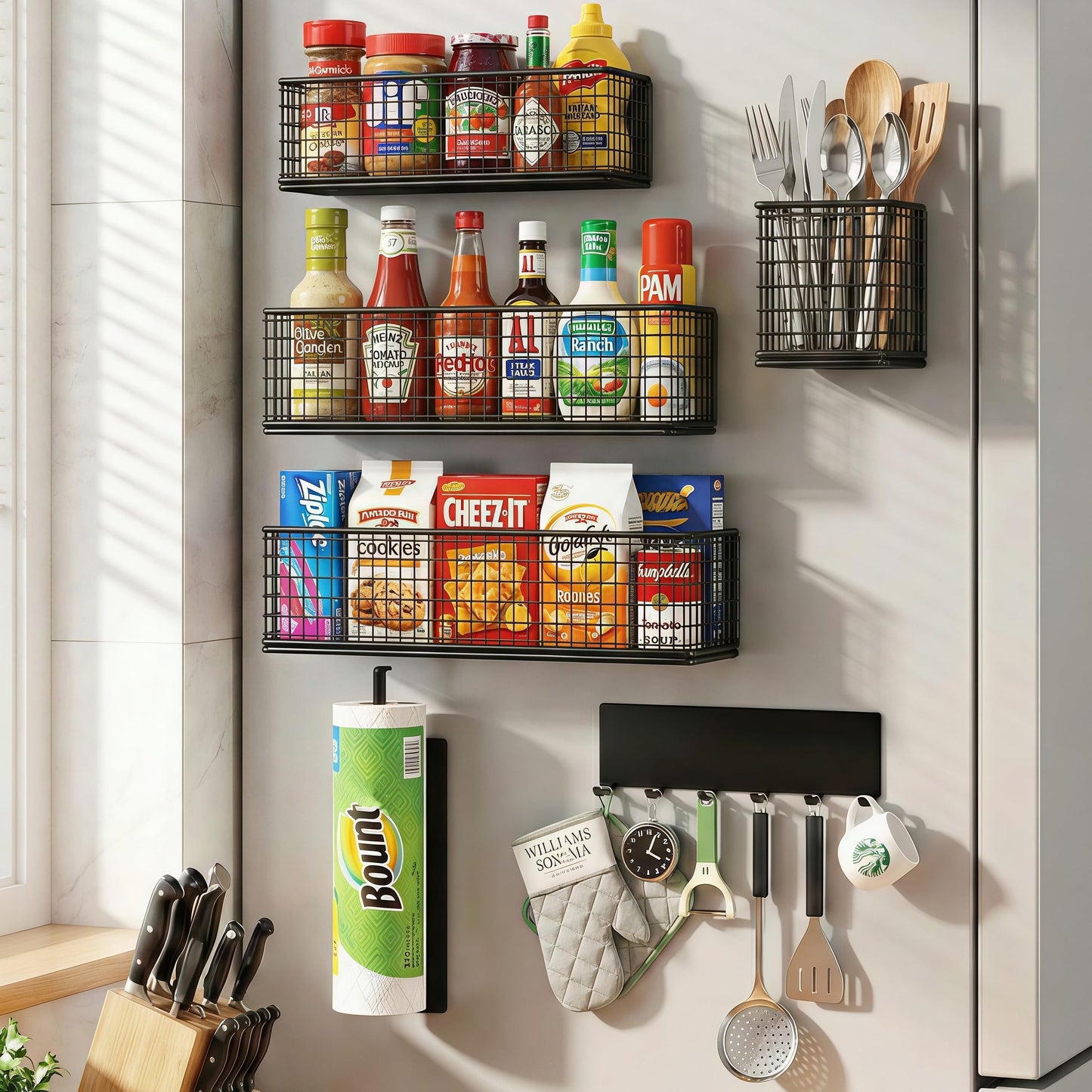DecruKaltiz Magnetic Spice Rack Refrigerator,Include Paper Towel Holder And Hooks, For Traeger Grills Of Washing Machine Side (Black, 6-Pack)