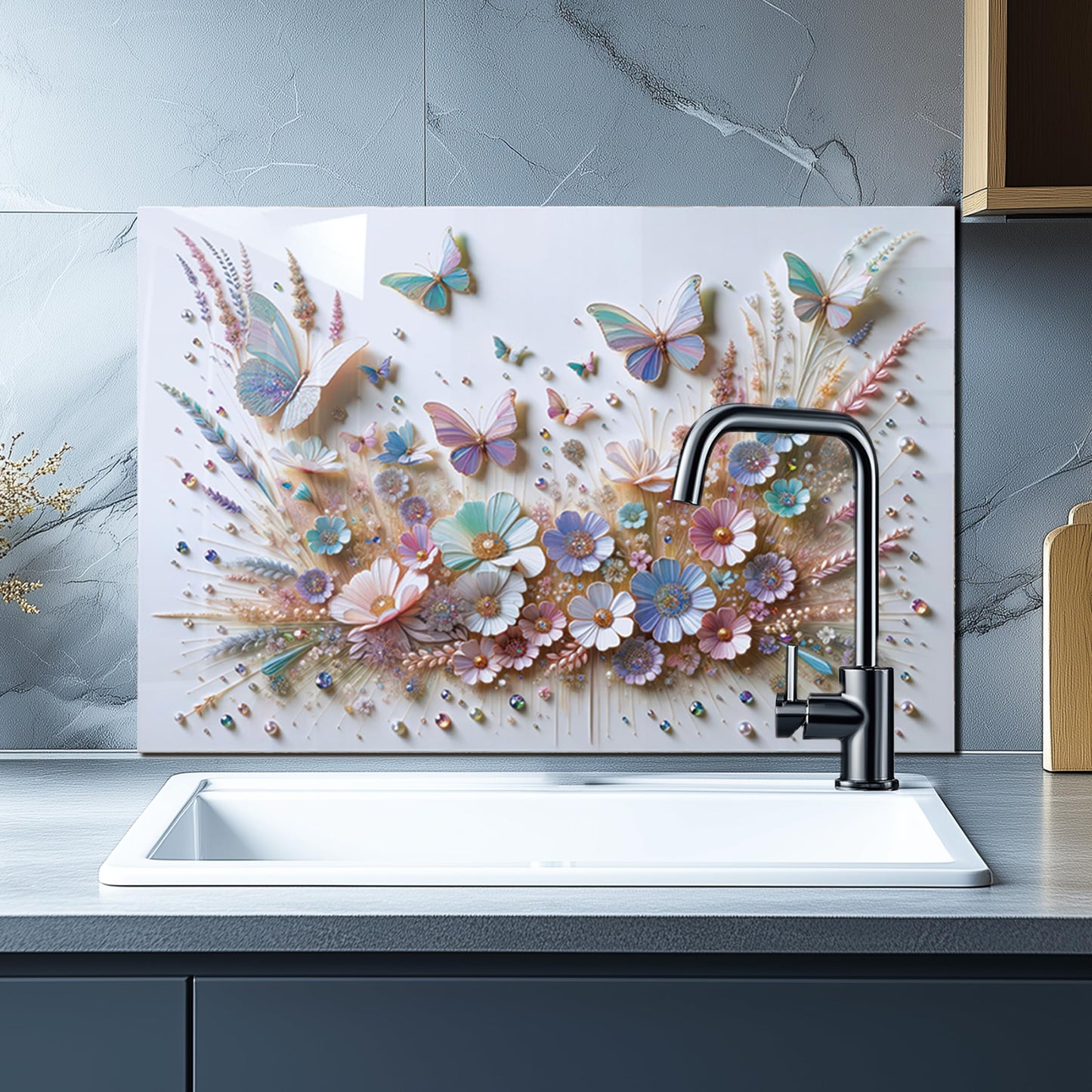 DAIFURONGE Tempered Glass Backsplash for Kitchen, Butterfly Flower Design Stove Backsplash Panel, Easy to Clean, Wall Decor, Art Deco 1, 30"x16"(76.2x40.64cm)