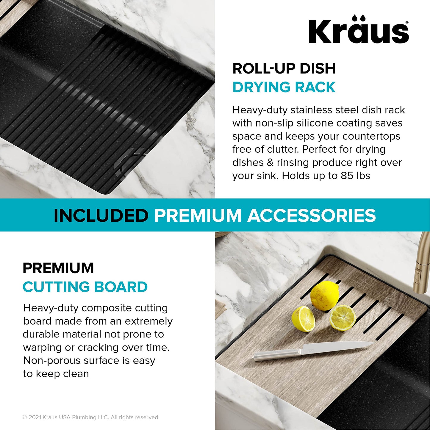 KRAUS Bellucci 32” in. Undermount Workstation Granite Kitchen Sink in Metallic Black with Accessories, KGUW2-33MBL