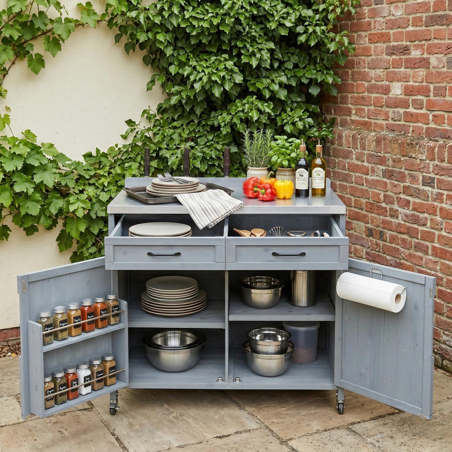Merax 2 Piece Modular Outdoor Kitchen Series- Kitchen Grill Cart w/Stainless Steel Sink, Wood Rolling BBQ Prep Table w/Stainless Steel Top, Lockable Wheels for Patio & Outdoor Cooking, Grey Blue