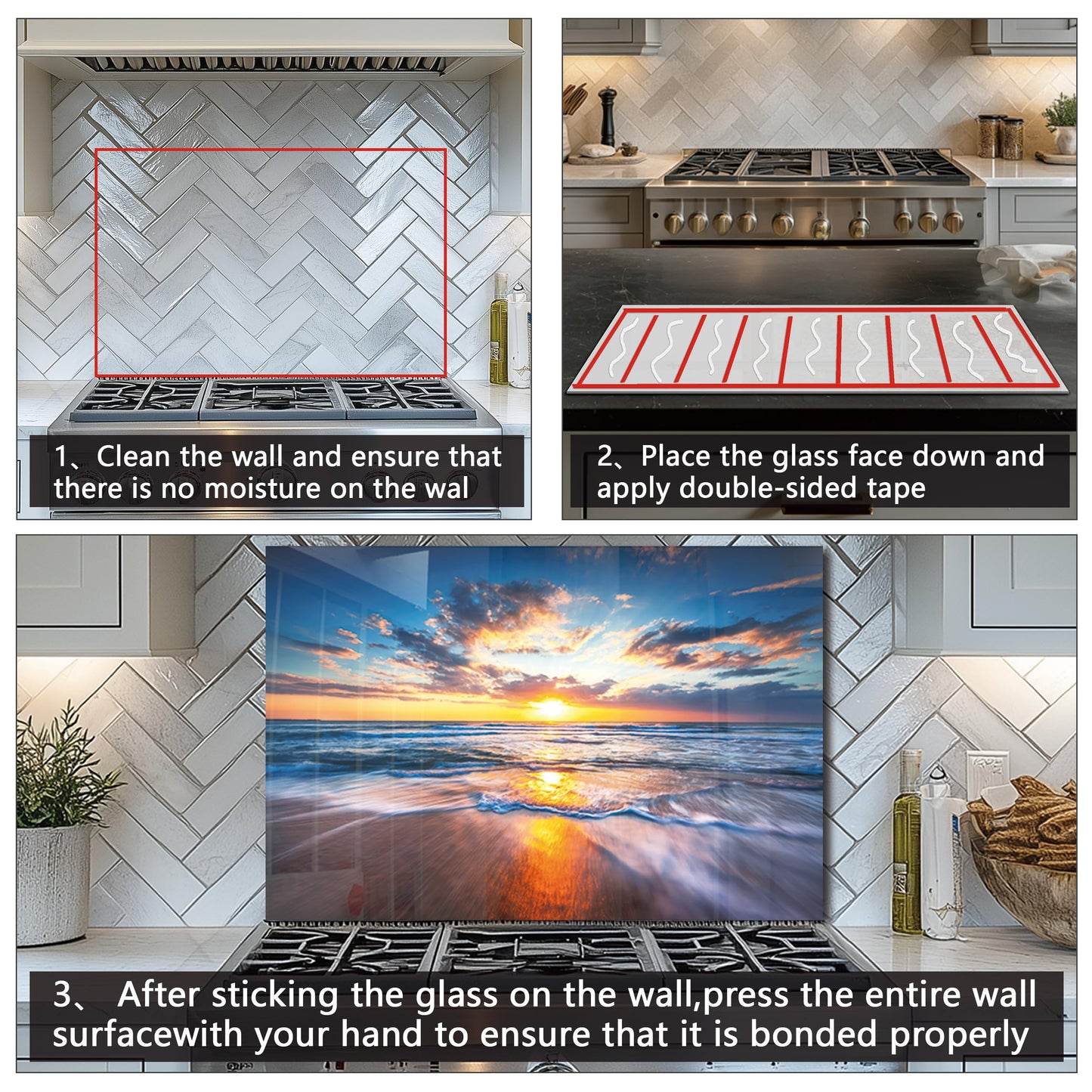 Tempered Glass Backsplash For Kitchen Behind Stove,Sea Beach Stove Backsplash Top Cover,Easy to Clean Glass Splashback, Sink Cover Splash Guard,Home Kitchen Wall Decor (30"x20"(76.2x50.8cm))
