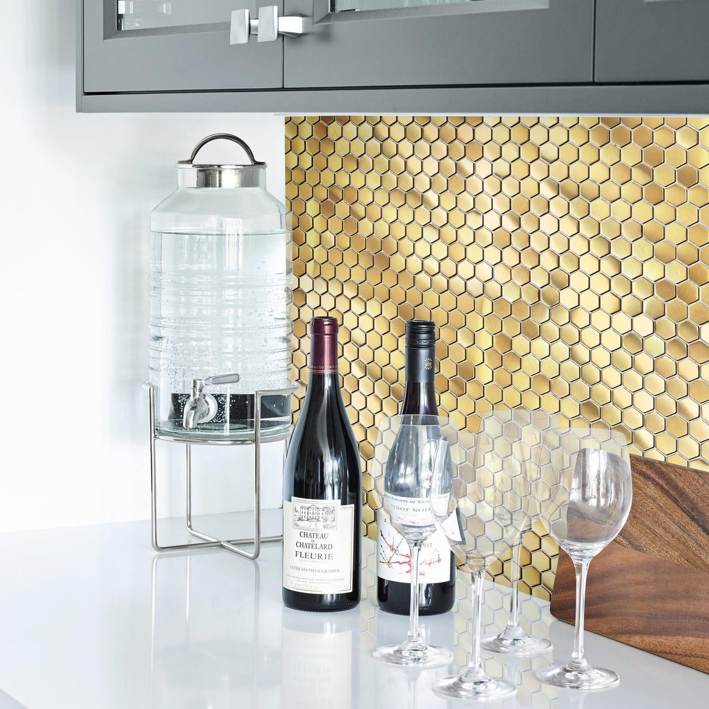Primoon Hexagon Gold Backsplash Tile, Mosaic Sheets 12''x12'' Mesh Mounted Golden 1 Inch, Brushed Shiny Gold Tiles for Kitchen Bathroom Shower Wall Floor Accent Tile Hotel Lobby Décor【5 Sheets】