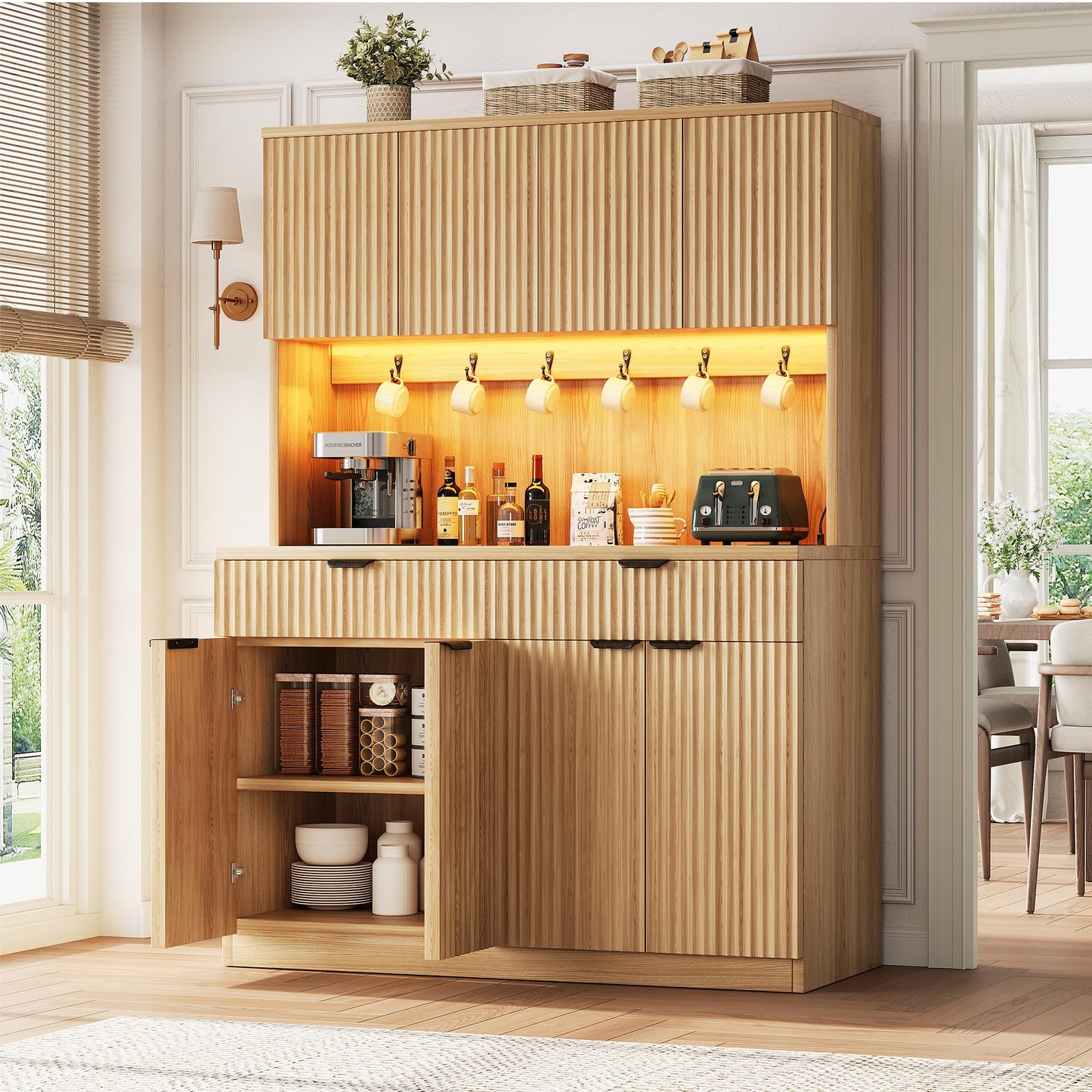 Jocoevol Fluted Kitchen Pantry Storage Cabinet with Charging Station/LED Light/Doors/Shelves, 71'' Tall Kitchen Food Hutch with Microwave Stand for Dining Room Living Room (Natural, 47 * 15.7 * 71)