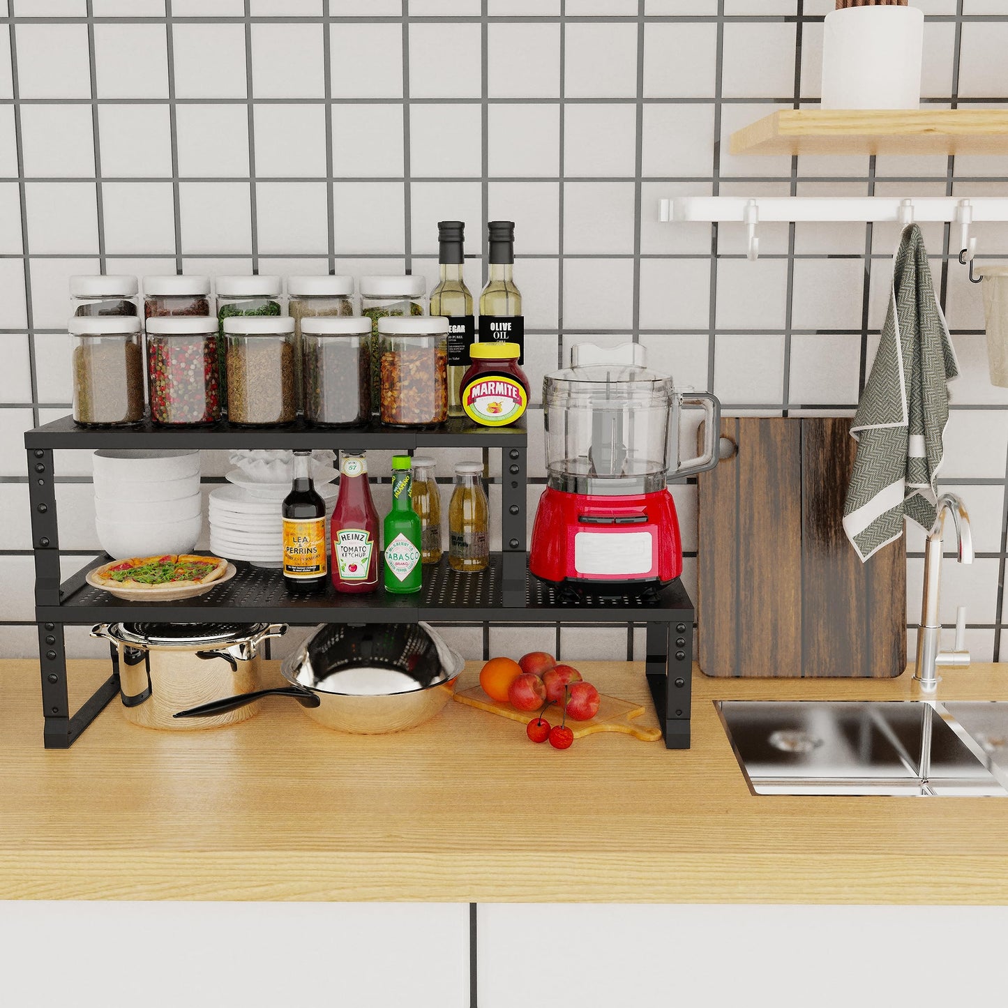 Jojocross Expandable Adjustable Stackable Kitchen Organizer, Spice Rack,Metal Pantry Storage Shelves Racks,Counter Shelf for Cabinets, Countertop, Cupboard(1 Pack/Medium/Black)