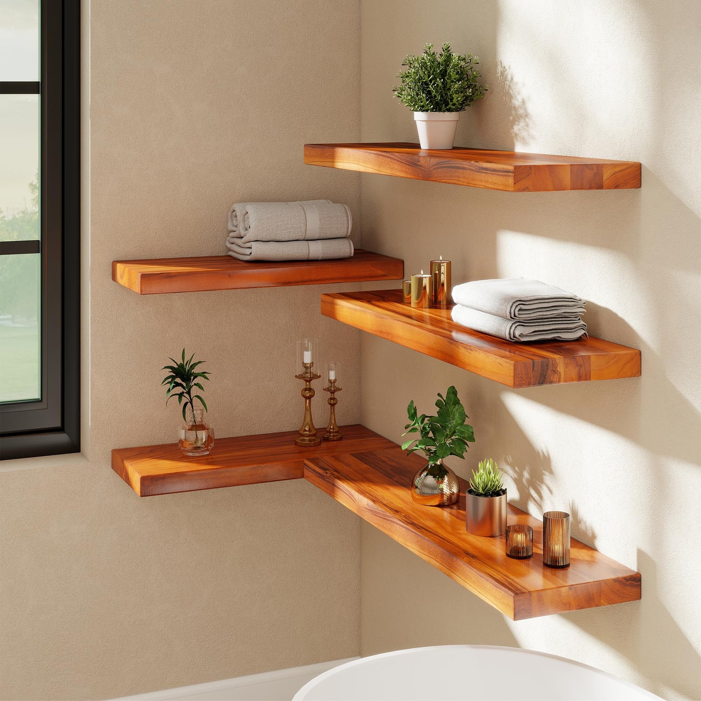 Realgulf 24 Inch Teak Floating Shelves Set of 2 - Solid Natural Wood Wall Mounted Shelves with Invisible Brackets - Heavy Duty Waterproof Storage for Bathroom, Kitchen, Living Room & Outdoor