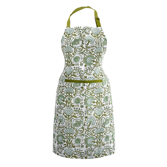 CPC Agate Green 100% Cotton Block Print Kitchen Apron with an Adjustable Neck with Long Ties for Women Men Chef-Handmade Cooking Apron Gift For Spring, Mother's Day