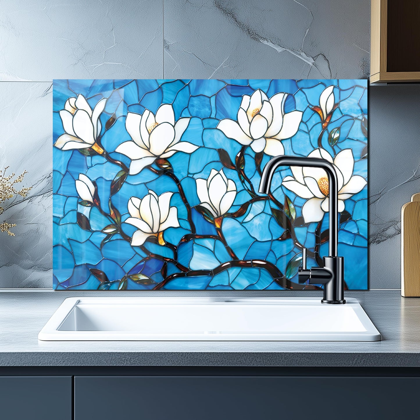 DAIFURONGE Tempered Glass Backsplash for Kitchen, Lotus Art Stove Backsplash Protector - Easy to Clean Wall Decor (30"x18"(76.2x45.72cm))