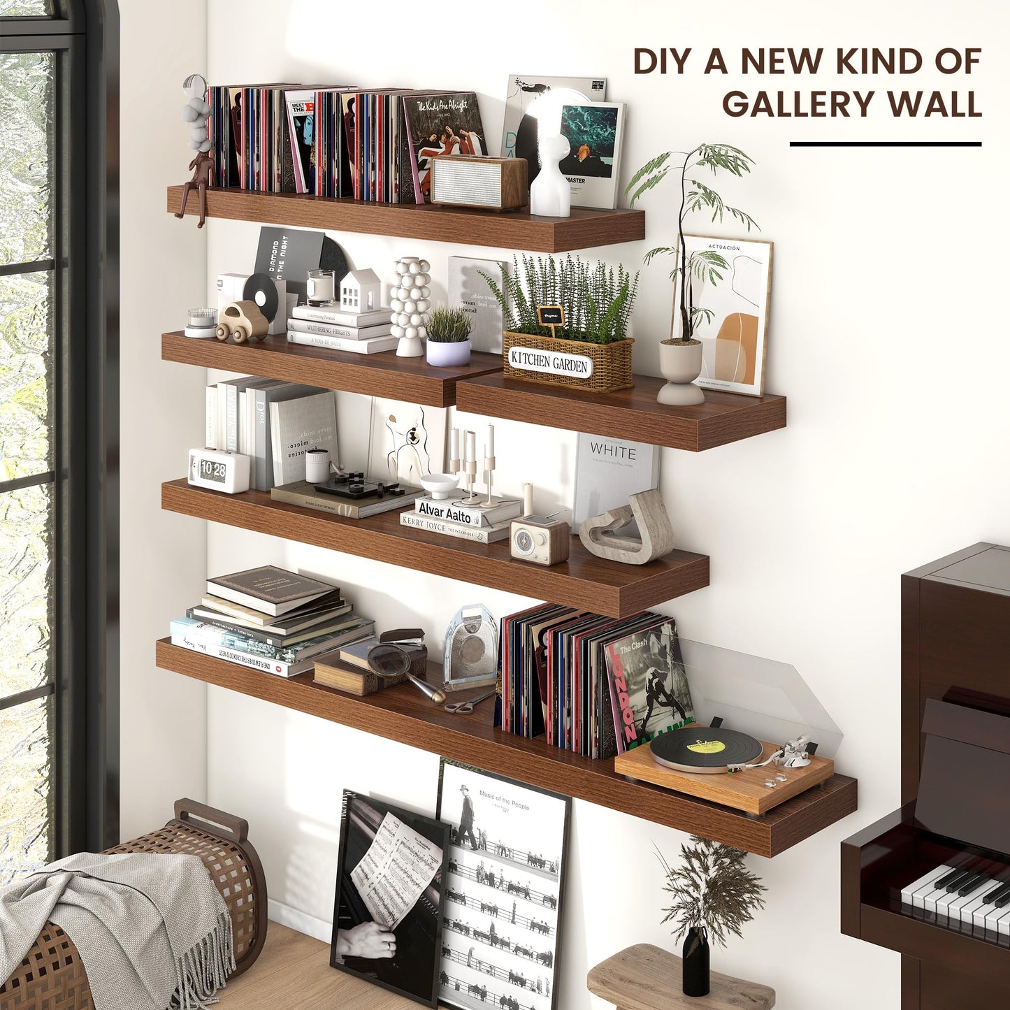 Venusmiles Floating Shelves for Wall, Engineered Wood Wall Shelves with Invisible Brackets for Living Room Bedroom Bathroom Office Kitchen Decor and Storage (Walnut, 48" W x 9" D x 1.5" H) Set of 2