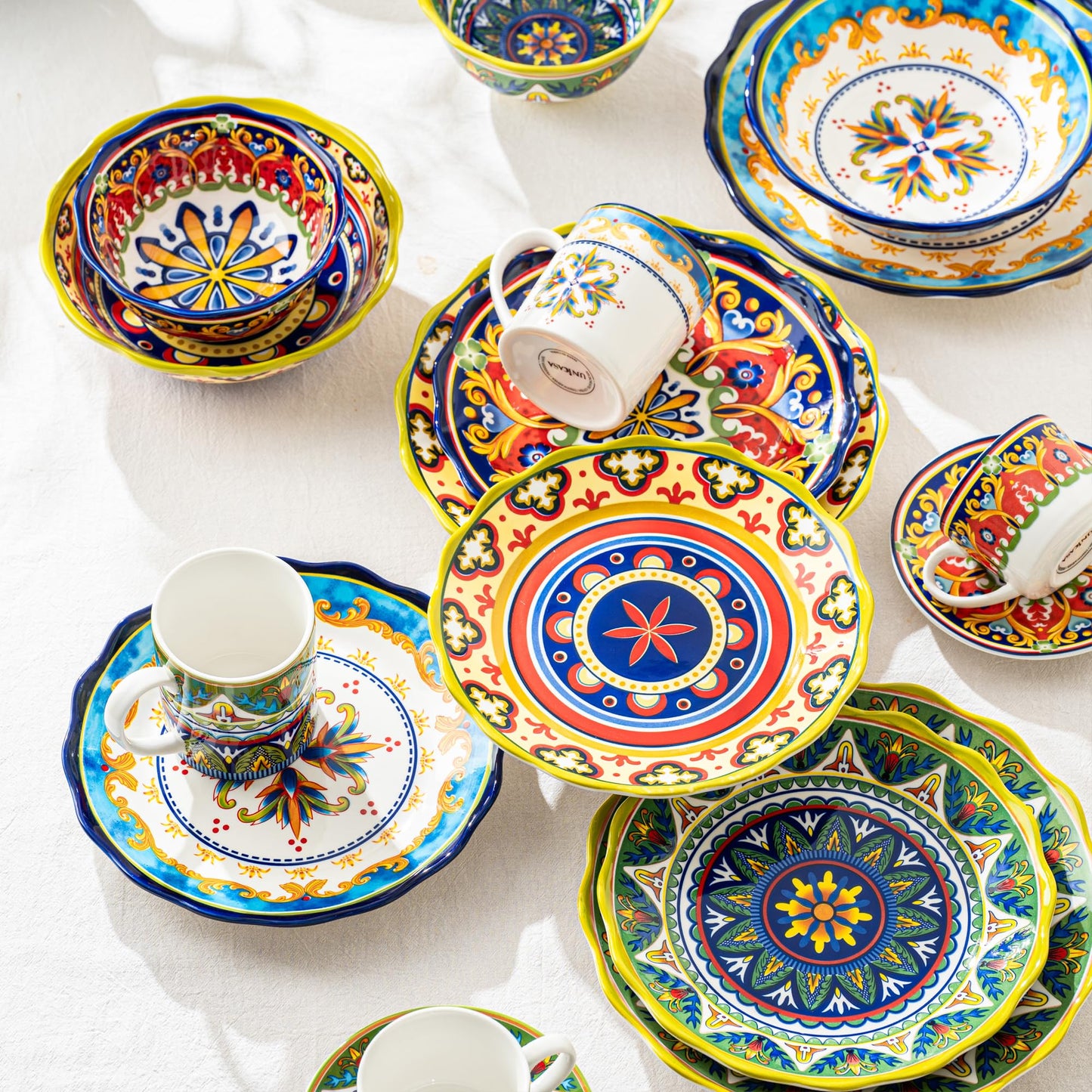 UNICASA Ceramic Pasta Bowls Set, 27 oz Cereal Bowls Set of 4, Porcelain Colorful Bowls for Salad, Soup, Noodle, Boho Style, Dishwasher & Microwave Safe