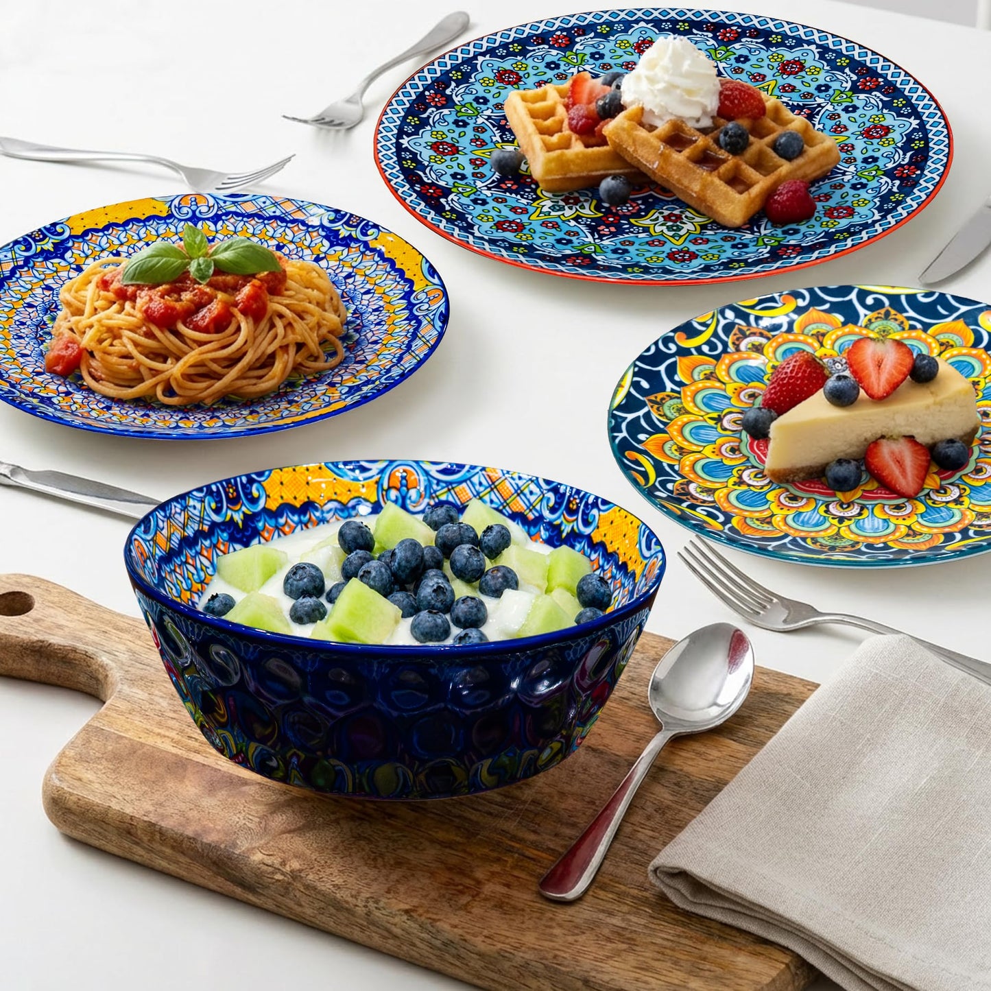 Romatlink 12 Pieces Dinnerware Sets, Ceramic Plates and Bowls Set, Microwave and Dishwasher Safe, Scratch Resistant, Bohemian Style Dishware Set, Service for 4
