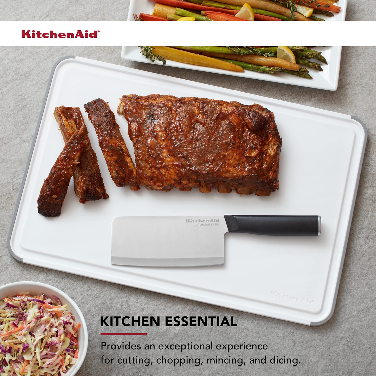 KitchenAid Classic Plastic Cutting Board with Perimeter Trench and Non Slip Edges, Dishwasher Safe, 12 inch x 18 inch, White and Gray