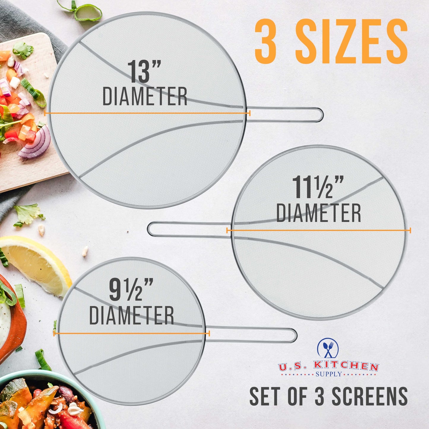 U.S. Kitchen Supply Set of 3 Stainless Steel Splatter Screen - 13", 11.5" & 9.5" Sizes - Fine Mesh Splatter Screen with Resting Feet Set, Grease Guard for Kitchen Pots and Pans