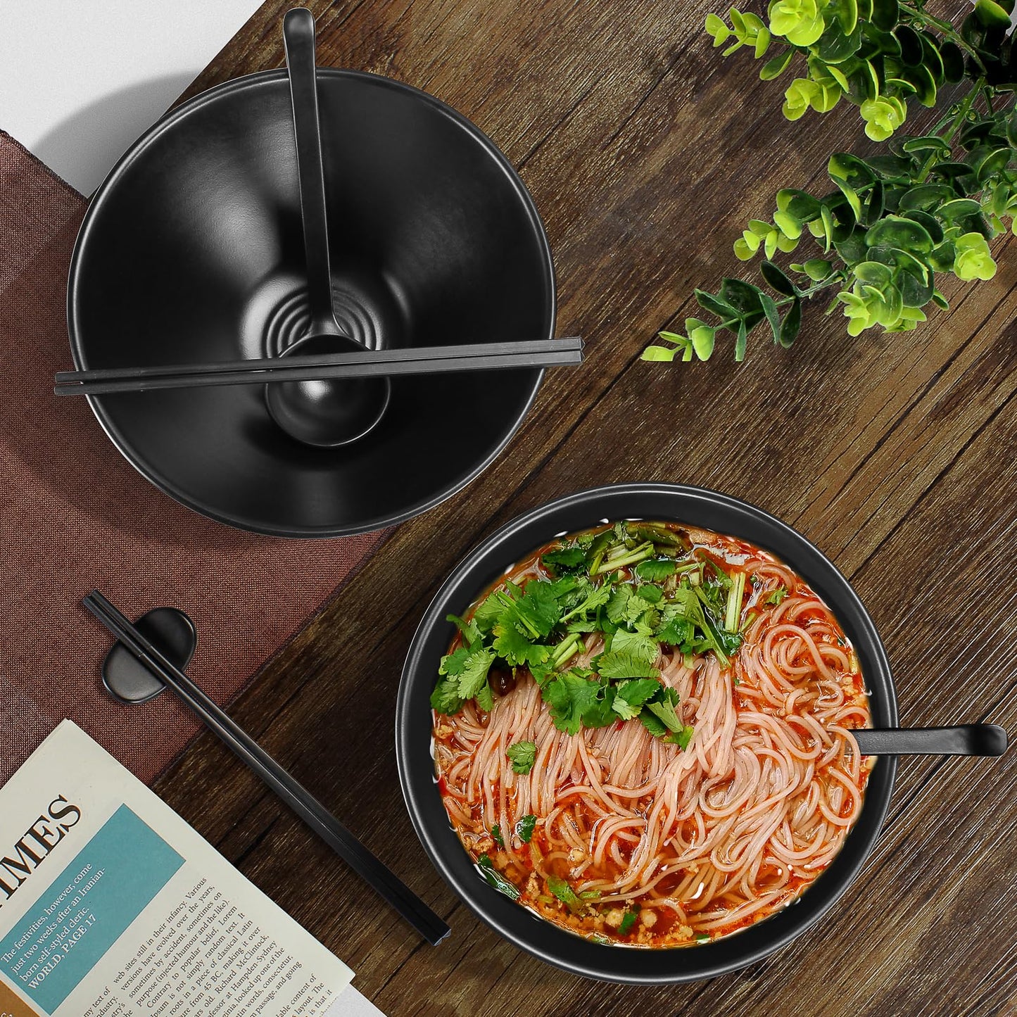 SYXLTSH Ramen Bowl Set of 2, with 2 Pairs Chopstick, 2 Soup Spoon, 2 Styles Dipping Saucers, Melamine Bowls for Nodles Salad Rice Dining Serving Kitchen 9" Black (Classic Bowls Set of 2 (12pcs))