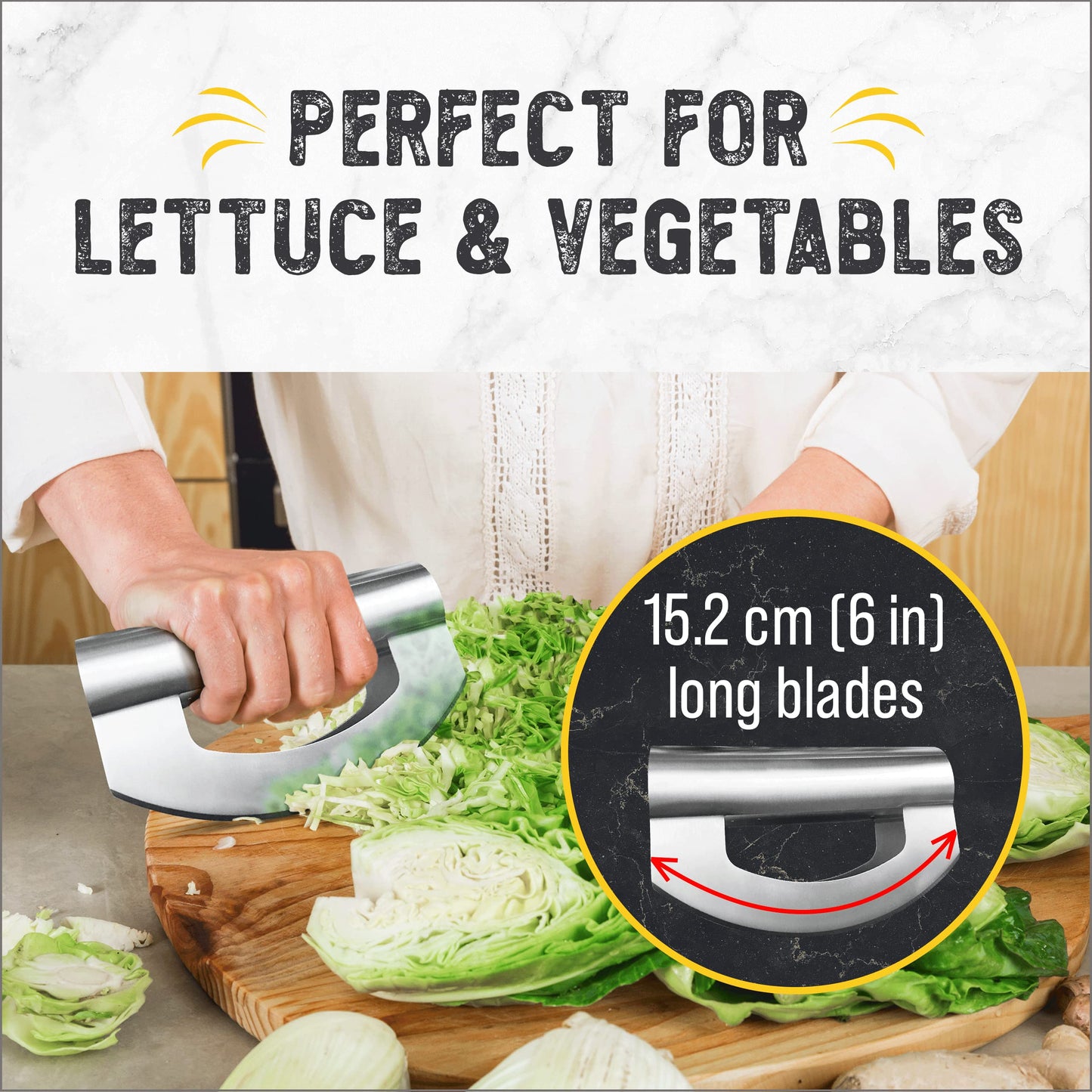 Checkered Chef Salad Chopper Tool, Mezzaluna Knife Stainless Steel Vegetable Rocker