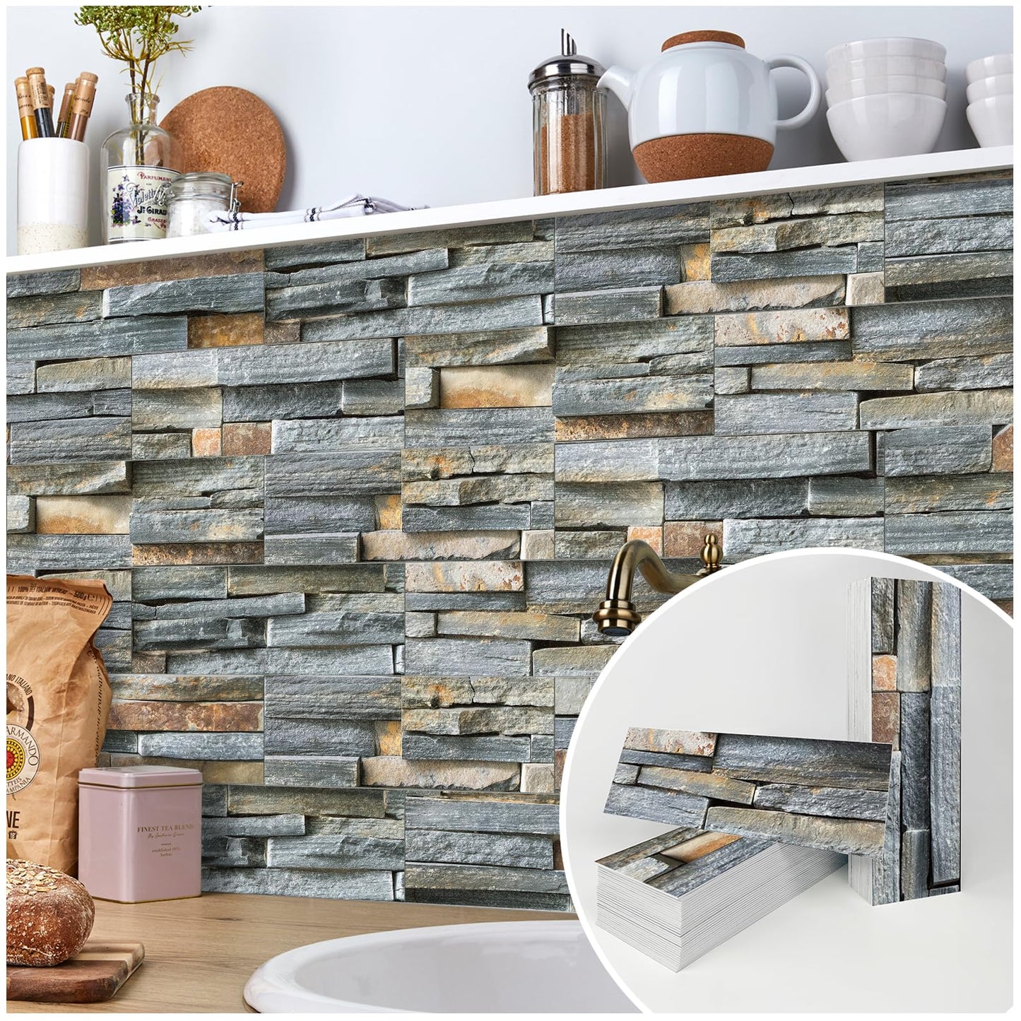 TUOKING 54-Pieces Peel and Stick Backsplash Tiles for Kitchen 4"x 12" PVC Self-Adhesive Subway Matte Faux Stone Wall Panel Brick Stick on Backspalsh for Bathroom(LPM-16-54PCS)