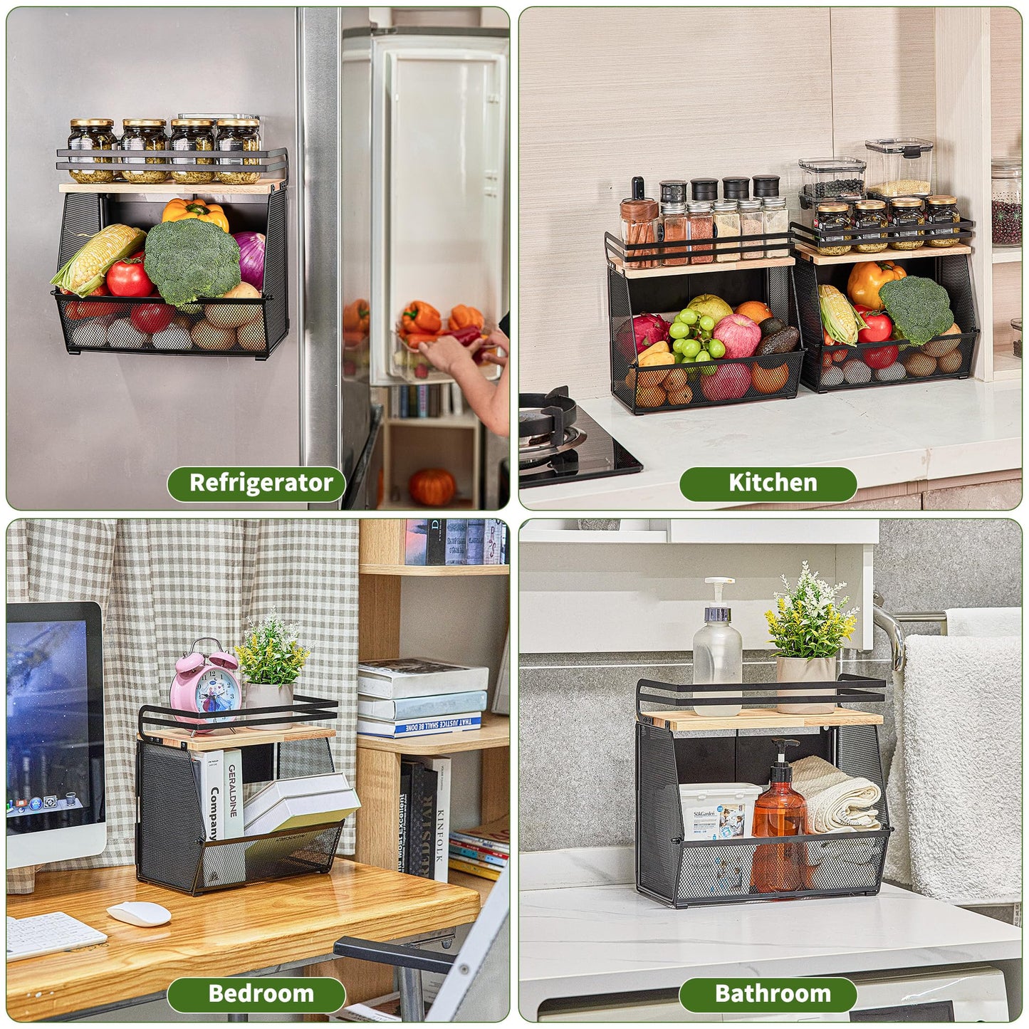 Imncya Magnetic Shelf for Refrigerator, Fridge Magnetic Fruit Basket Spice Rack with Wood Lid, Potato Onion Storage Organizer Magnetics Shelves for Refrigerator, Kitchen Counter, Pantry