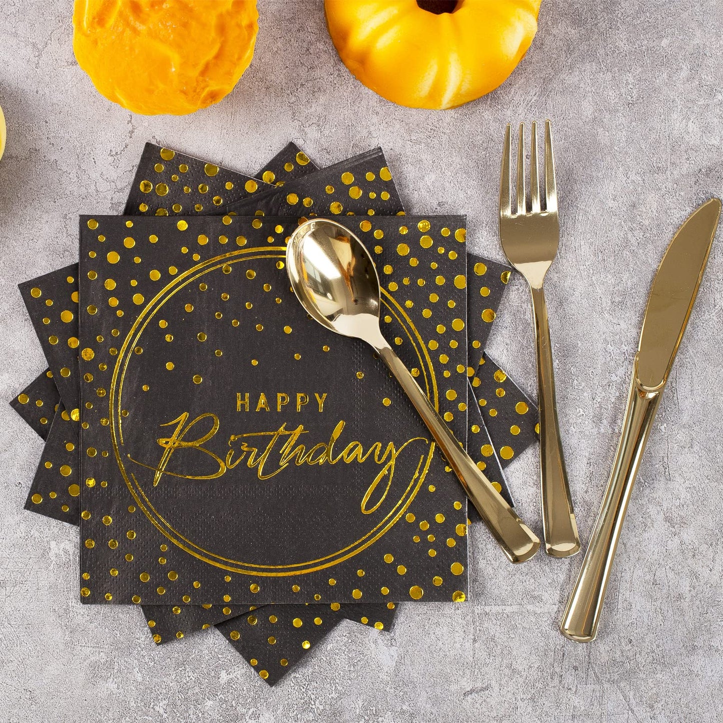 175PCS Happy Birthday Disposable Dinnerware Set Party Supplies, Paper Black Gold Plates and Napkins with Gold Plastic Forks Knives Spoons Serve 25 Guests for Birthday Party Decoration