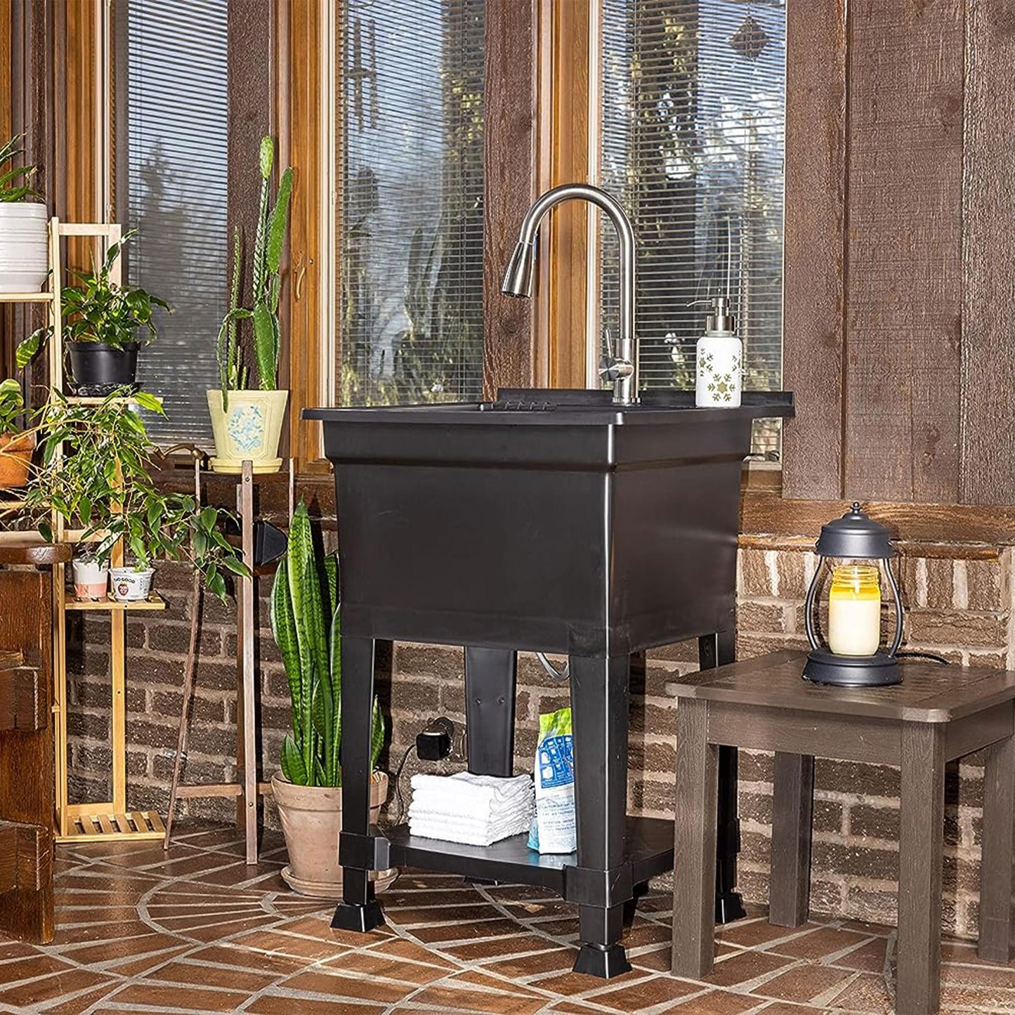 UTILITYSINKS Freestanding Utility Tub Sink with Quick Connect Drain, 24 x 24", Black - Portable and Compact Sink with Faucet for Outdoor Kitchen, Laundry Room, Garage, and Basement