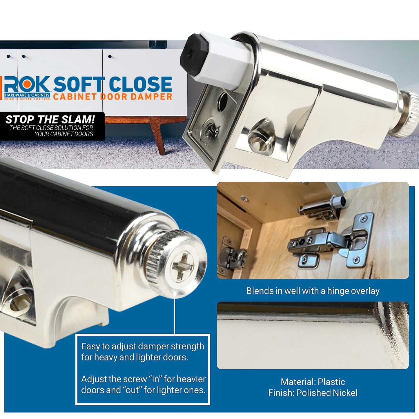 10 Pack Rok Hardware Soft Close Damper for Cabinet Doors/Compact/SoftClose Cabinet Adapter/Hardware/Hinge Polished Nickel Finish, SCD103