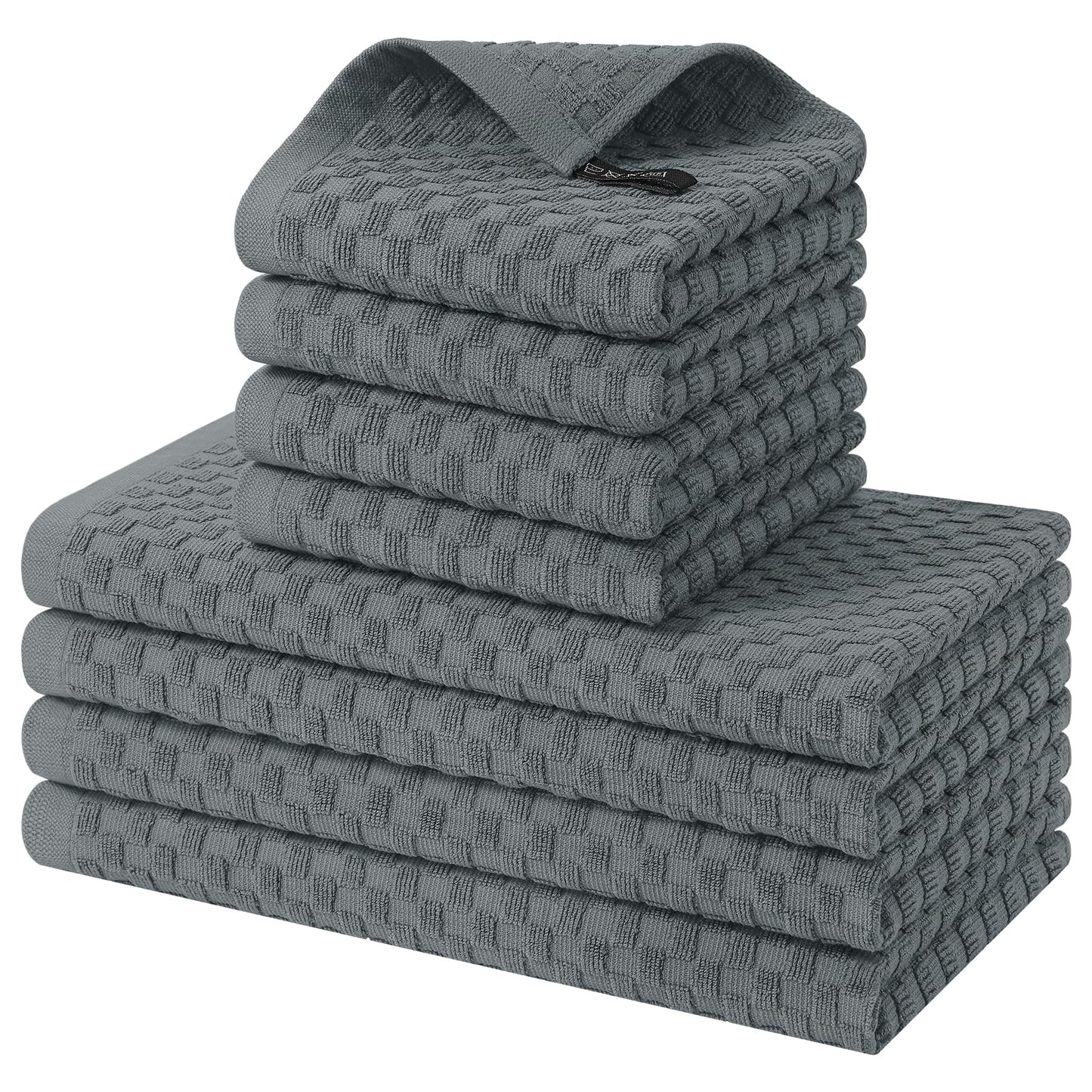 Homaxy 100% Cotton Kitchen Towels and Dishcloths Set, 12 x 12 & 15 x 25 Inches, Set of 8 Bulk Terry Cloth Dish Towels, Super Soft and Absorbent Hand Towel with Hanging Loop, Dark Grey